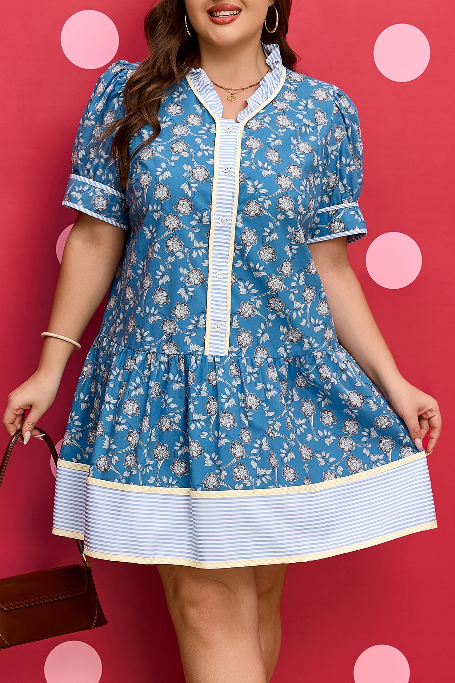Plus Size Floral Stripe Patchwork Ruffle Dress