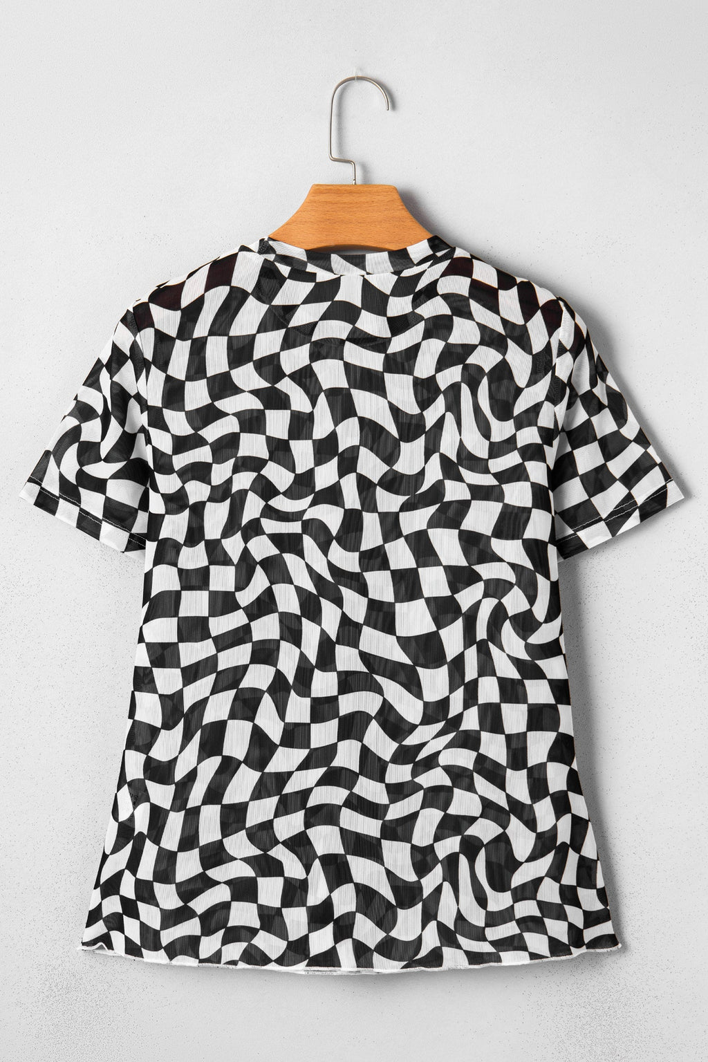 Checker Mesh Mock Neck Short Sleeve T-Shirt