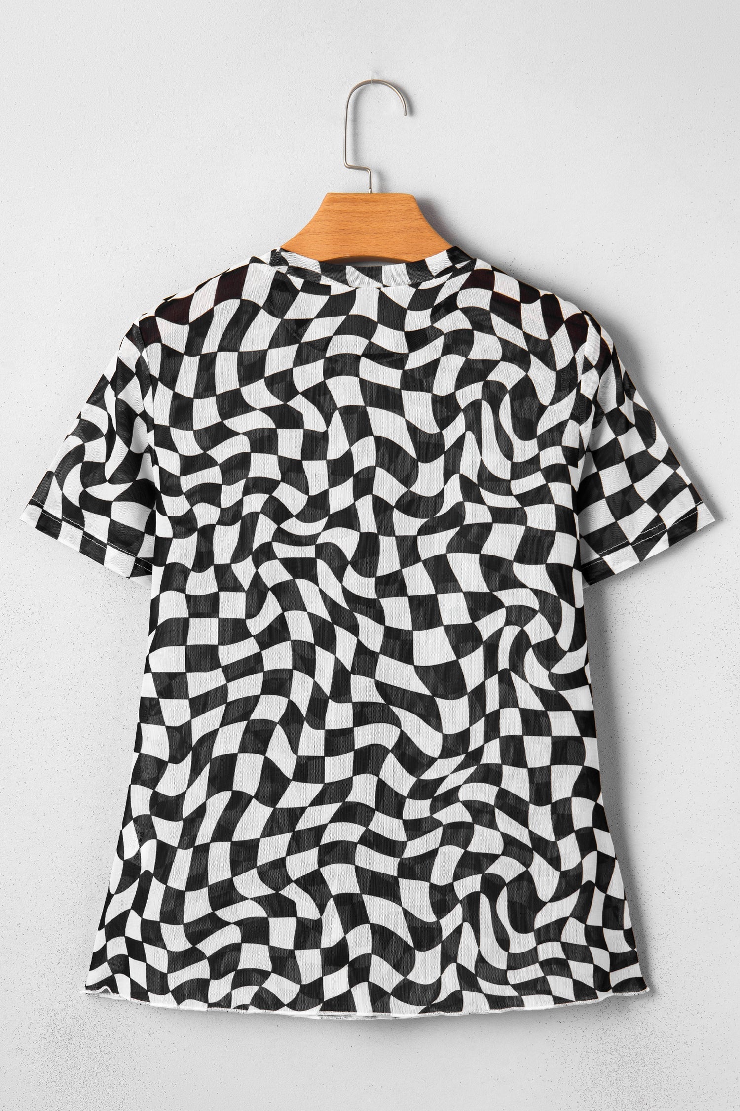 Checker Mesh Mock Neck Short Sleeve T-Shirt