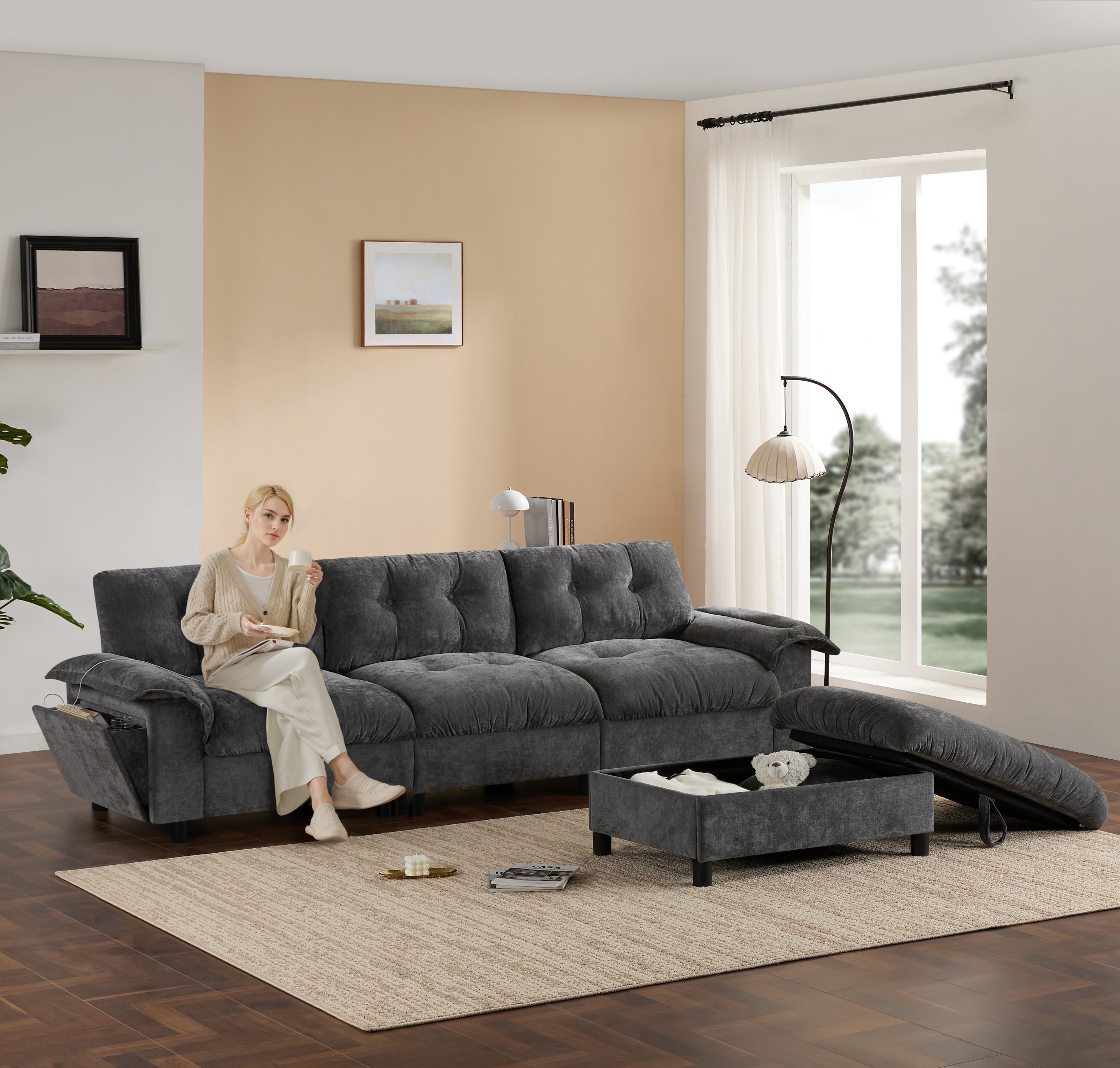 [VIDEO]104*60' Sectional Sofa, L-Shape with Multifunctional Armrest, Dual-Port Charging, Cup Holder, Side Storage Pockets, Movable Storage Ottoman, Unique Tufted Design, Soft Cushion, Chenille,3colors