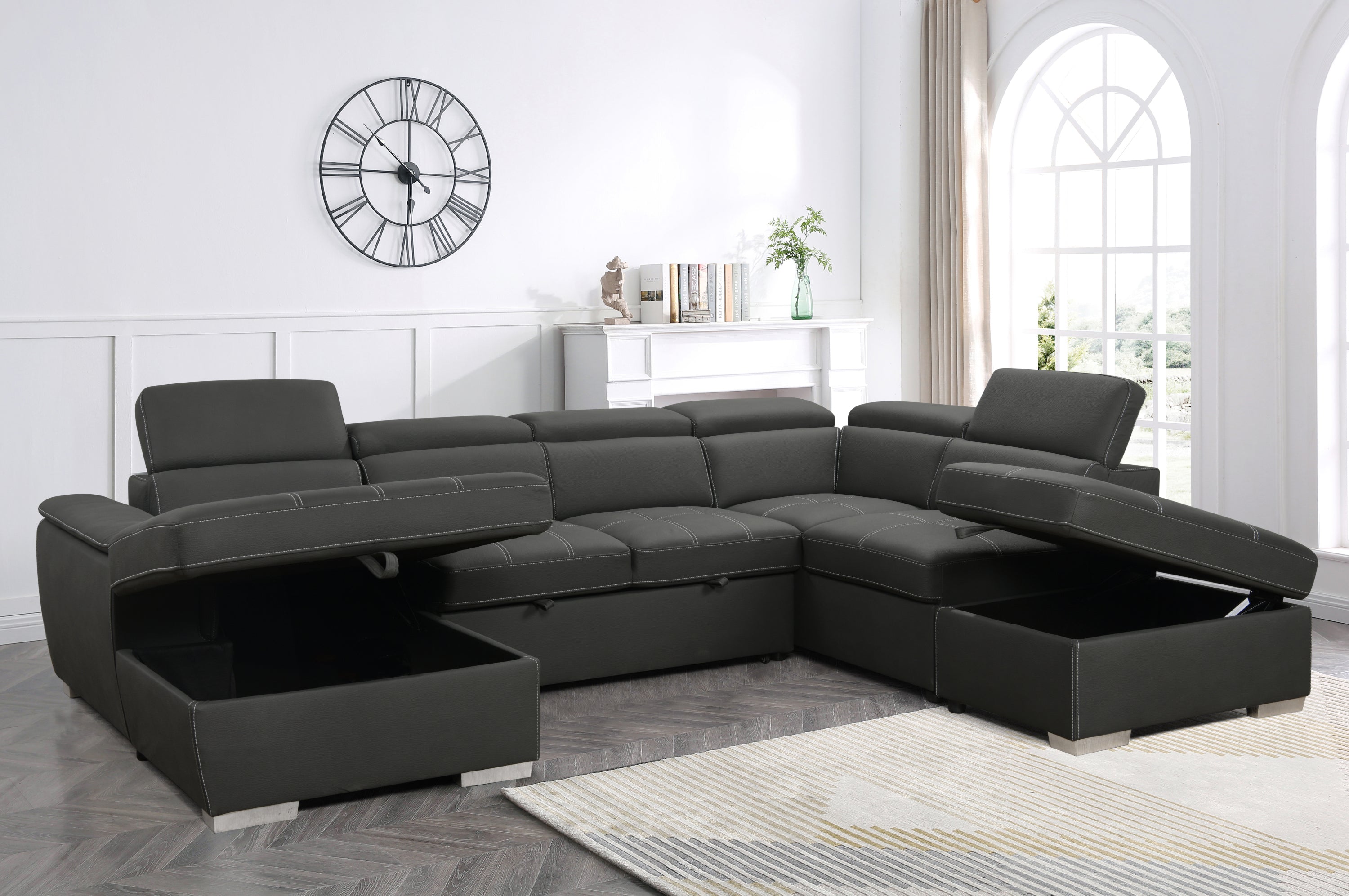 128'Sofa U Shaped Sectional Couch with Ottomans Reversible Modular Sofa 7 Seater Couch with Storage Seat,Living Room Furniture Sofa Sets with Adjustable Headrest, Grey