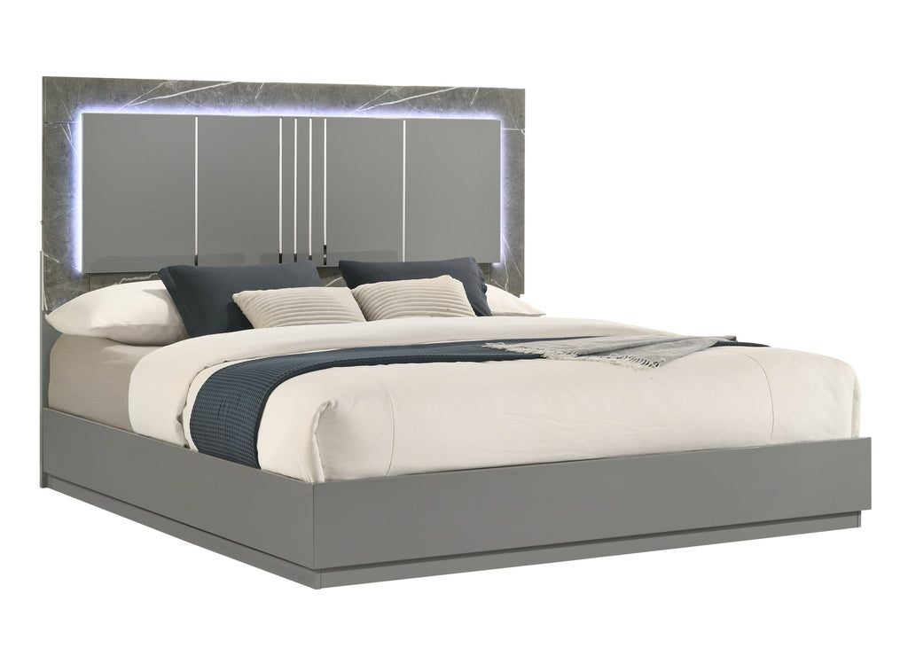 Elara Queen 5-Piece Set – Two-Tone High-Gloss Marble & Lacquer Finish with LED Lighting, Metal-Finished Legs, Spacious Storage- Gray (NJ Inventory)