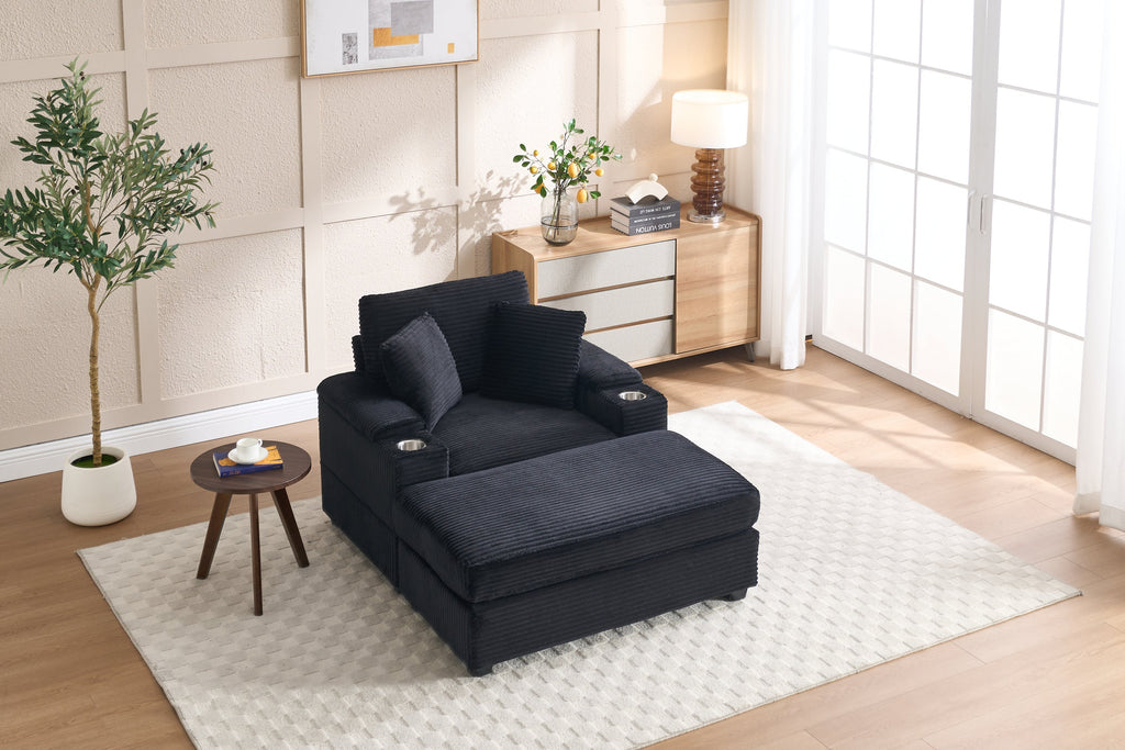 [VIDEO/New]Corduroy Upholstered Chaise Lounge Sofa with Handrail storage,Movable ottoman,Cupholders,Detachable Cushions Deep Seat for Living Room Office,5 colour,Wide stripe corduroy