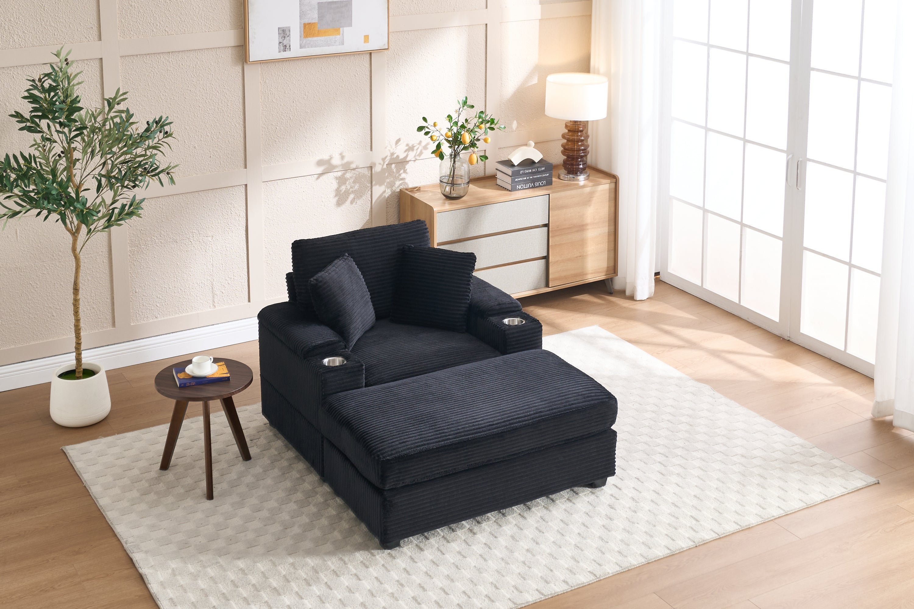 [VIDEO/New]Corduroy Upholstered Chaise Lounge Sofa with Handrail storage,Movable ottoman,Cupholders,Detachable Cushions Deep Seat for Living Room Office,5 colour,Wide stripe corduroy