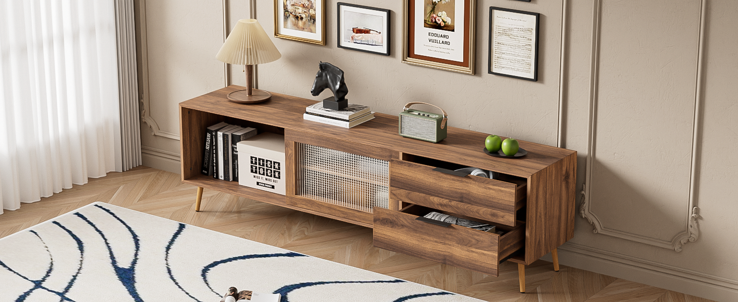 Modern TV Stand for 75'+ TV, TV Console with 2 Glass Doors, Entertainment Center with 2 Drawers & Storage Cabinet, 70' Media Console Table for Living Room, Bedroom