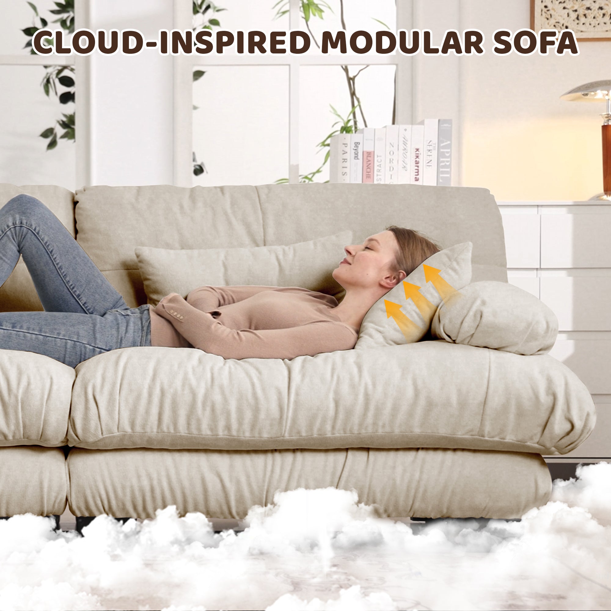 Cloud Couch 2 Seater Sofa for Living Room, Chenille 2 - Seat sofa with 2 Lumbar pillows and 2 throw pillows,Chenille Light coffee