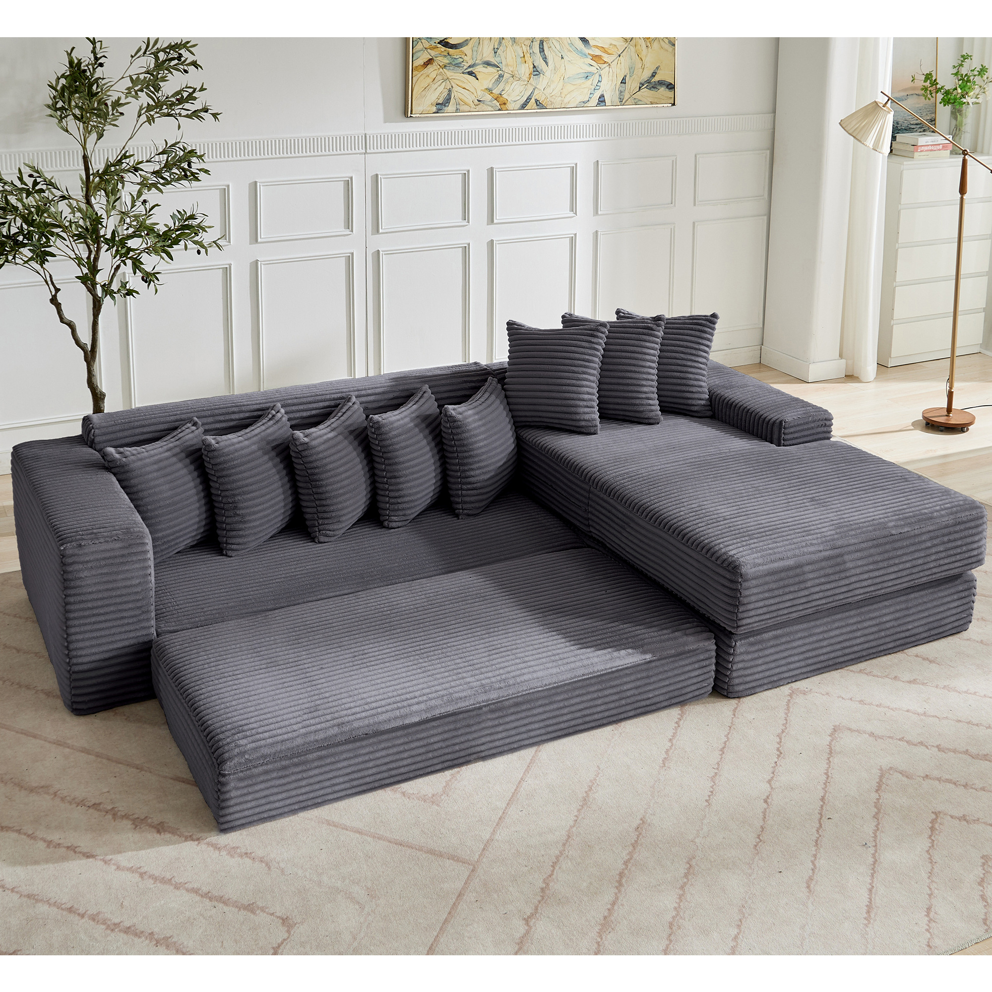 [NEW ARRIVED] [VIDEO PROVIDED] Oversize Cloud Couch, L-Shape Sofa, Convertible Floor Sleeper Sofa Bed, No Assembly ,Eight pillows,3-in-1,Magazine bag,(Right Facing Sofa),3 Seat,Corduroy,Dark Gray