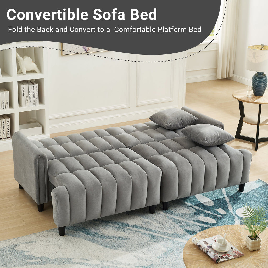 83'' Futon Sofa Bed, Polyester Fabric Comfy Futon Couch Bed with 2 Square Pillows, Convertible Sleeper Sofa with Adjustable Backrest,  Modern Loveseat Sleeper for Living Room, Gray