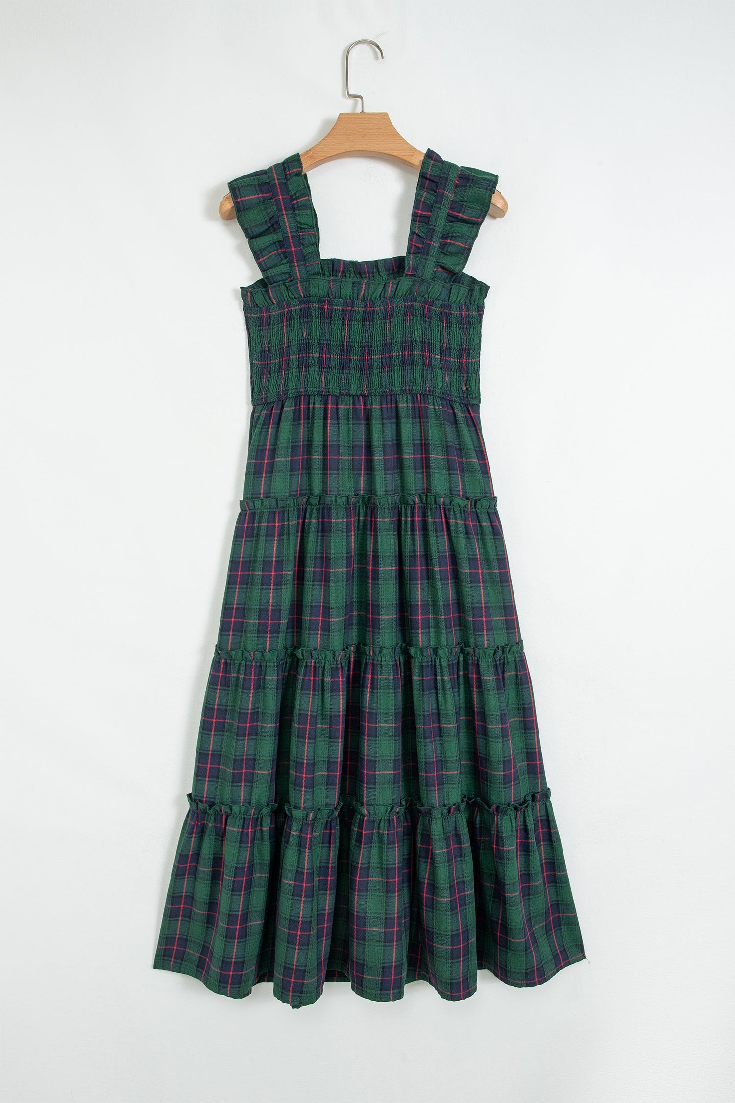 Plaid Ruffle Sleeveless Shirred Tiered Midi Dress