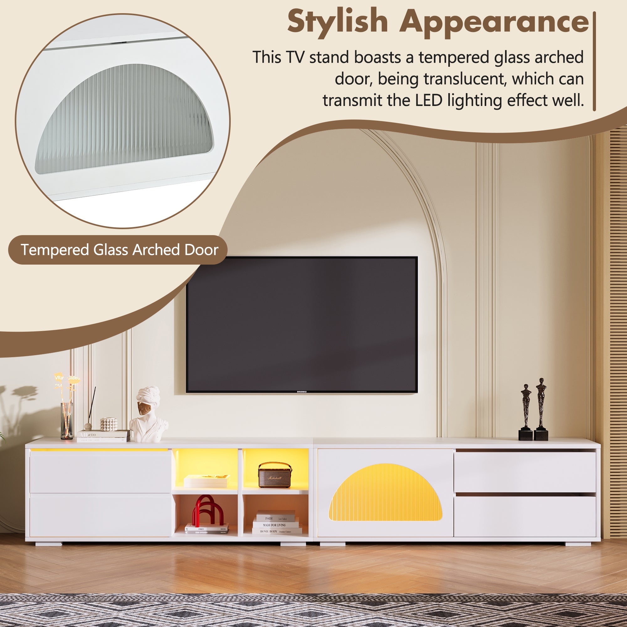 ON-TREND Modern TV Stand with Fluted Glass Door for TVs Up to 100', Media Console with Sliding Door & 2 Drawers, Free-Combination Entertainment Center with LED Light for Living Room, Bedroom, White