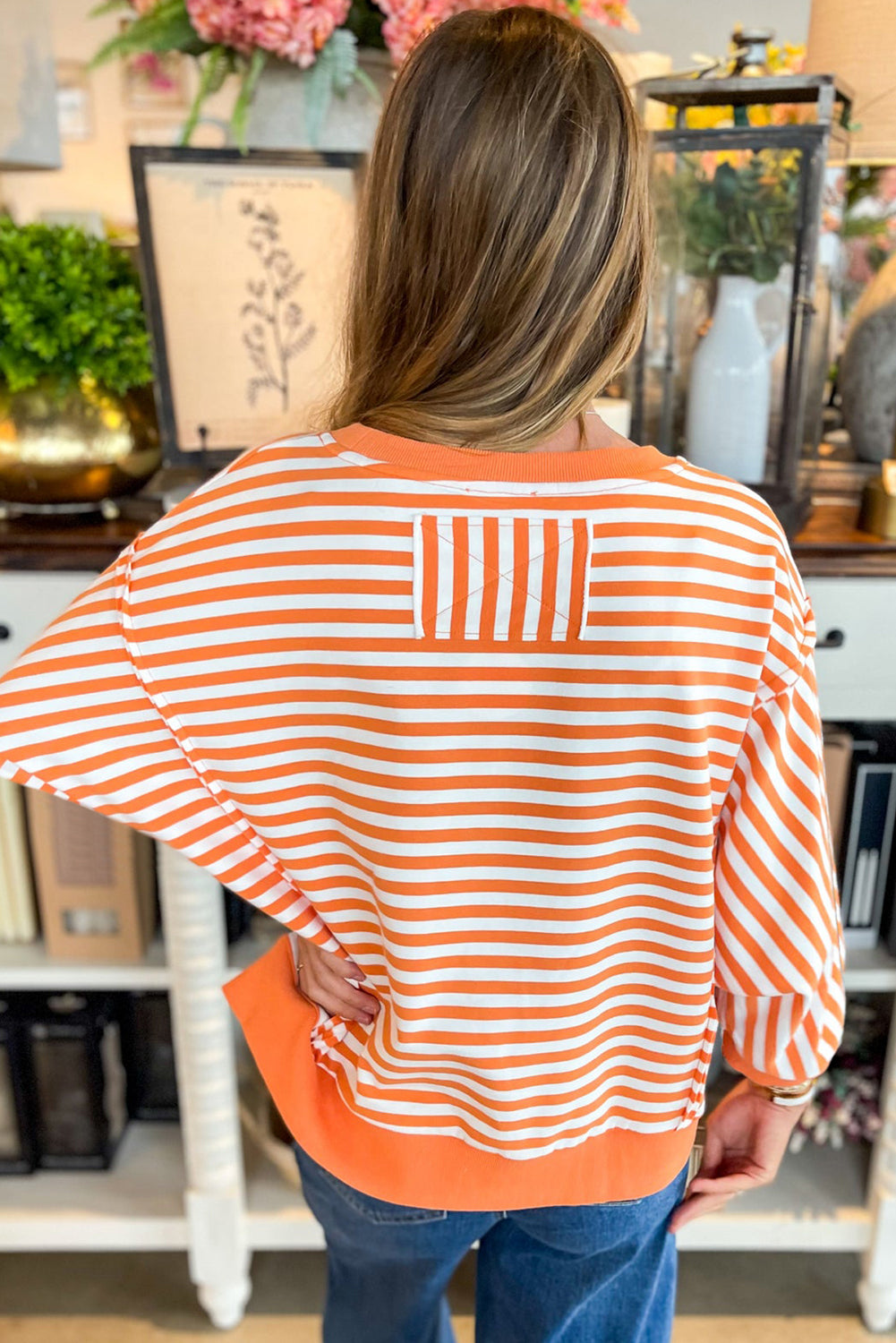 Red Striped Exposed Seam Drop Shoulder Long Sleeve Top