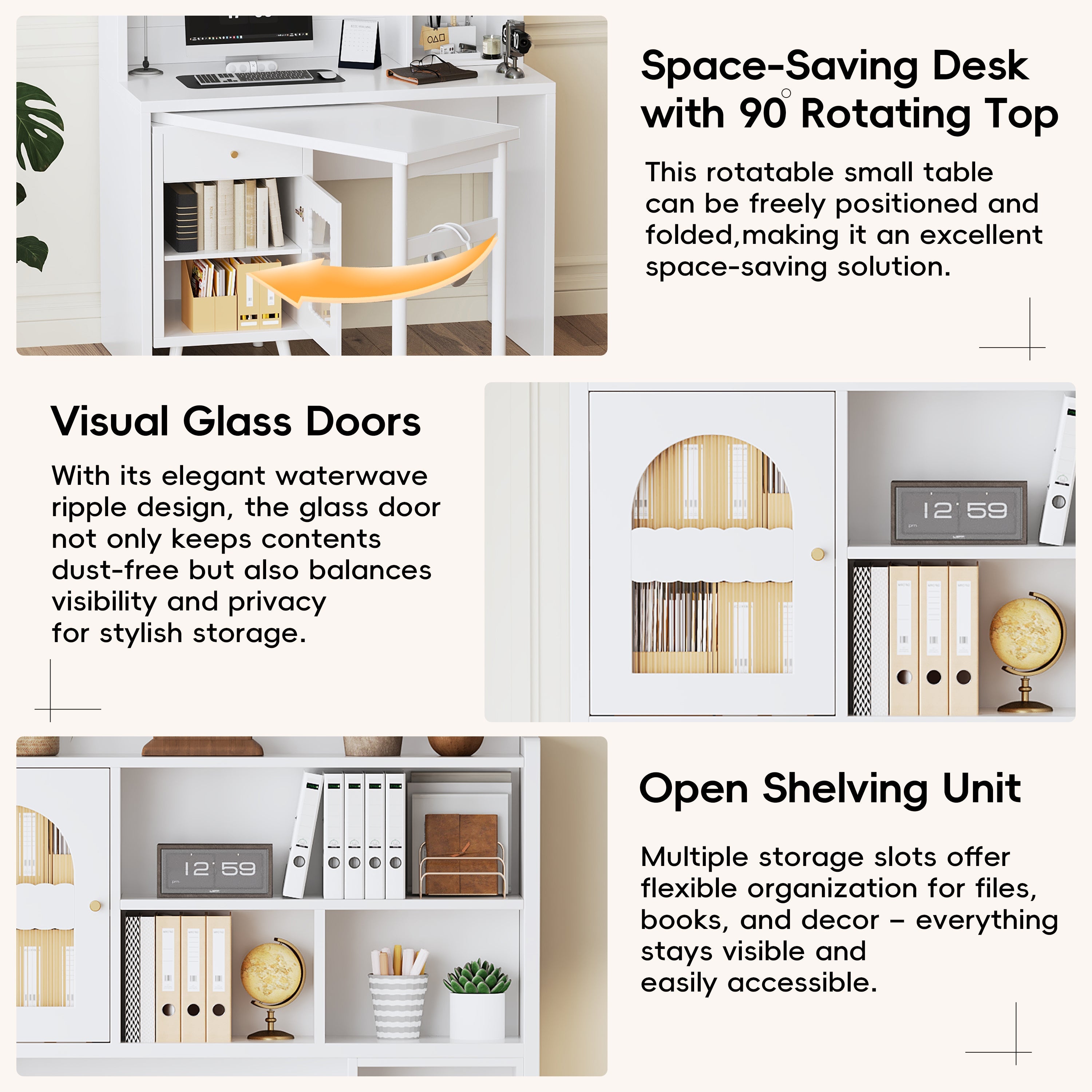 Computer Desk with 90 Degree Rotating Desktop, 43x70 Inch Office Desk with Storage Drawer and Cabinets, Gaming Desk with Shelves, Writing Desk for Study, Work Desk for Home Office Bedroom Living Room