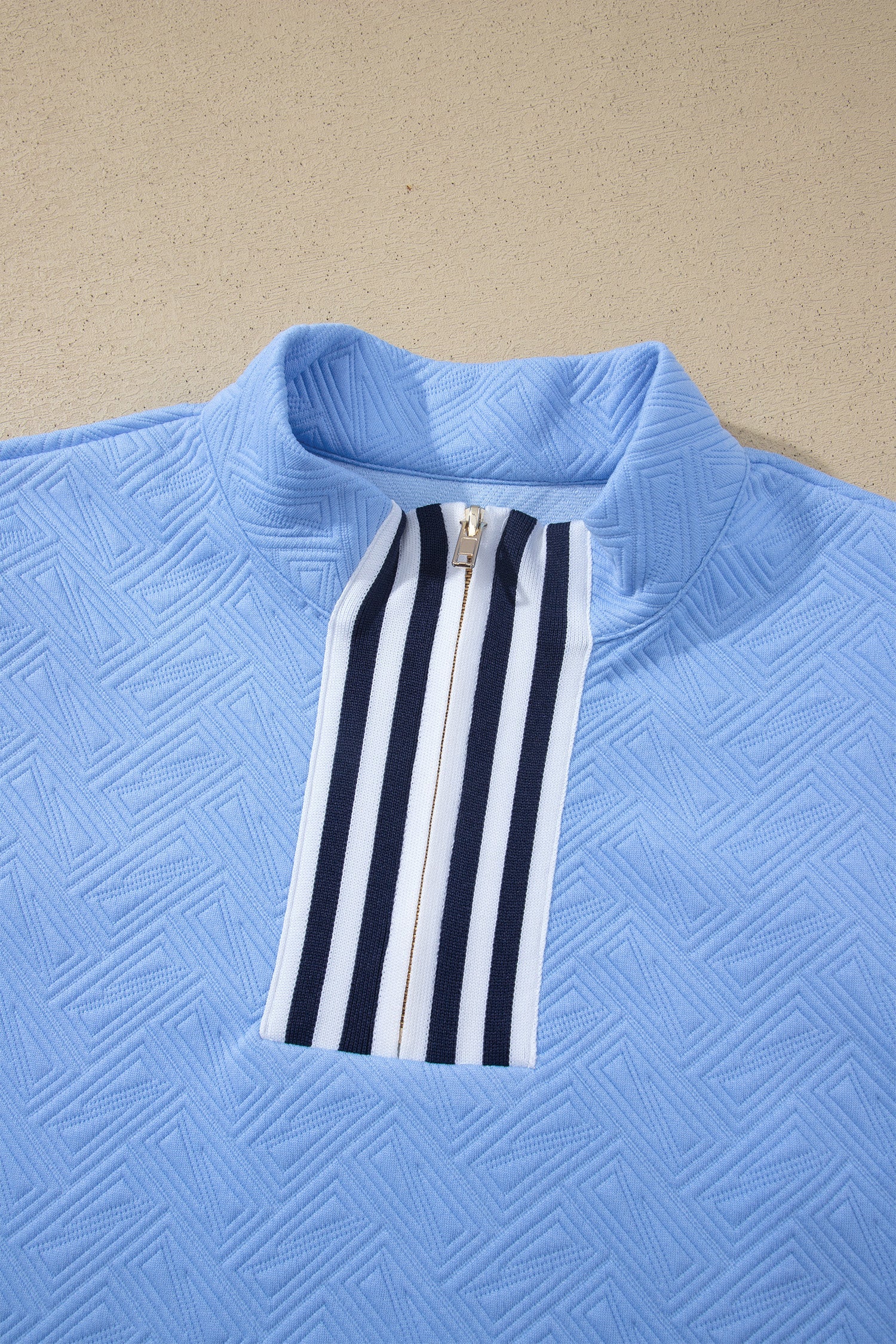 Stripe Trim Split Neck Puff Sleeve Textured Top