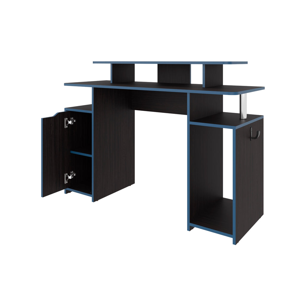 FM FURNITURE Lol Minimalist Gaming Desk with Elevated Monitor Shelf. Blue Accents