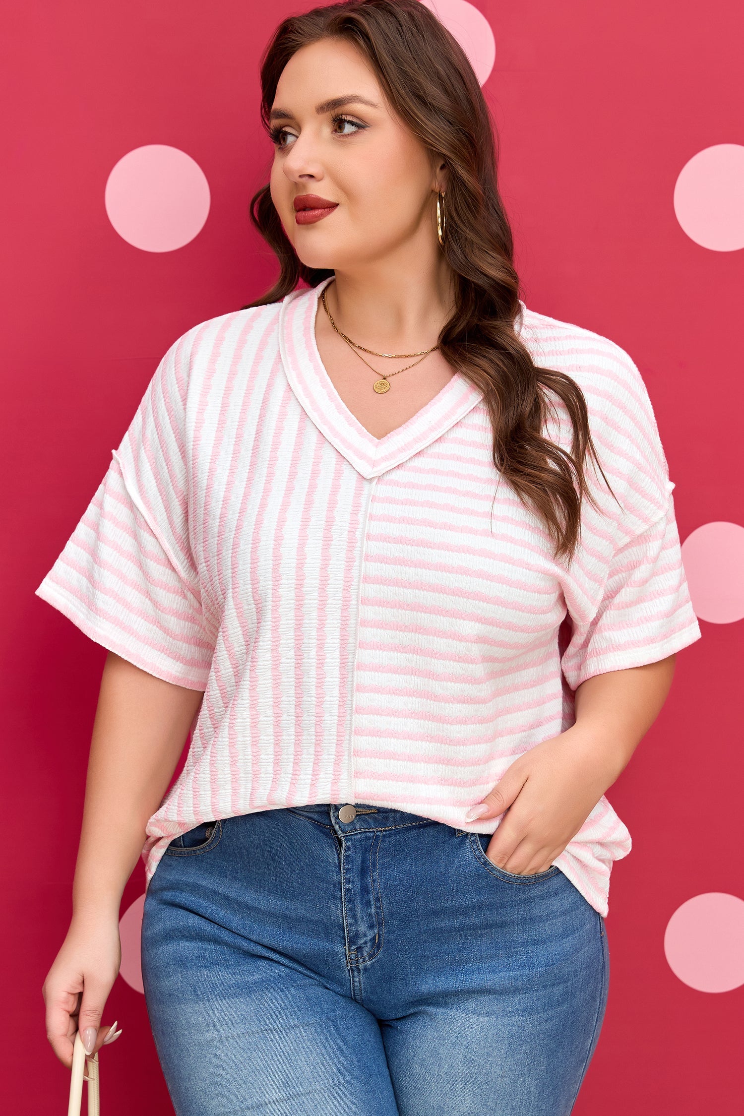 Plus Size Stripe Patchwork V-Neck T-Shirt