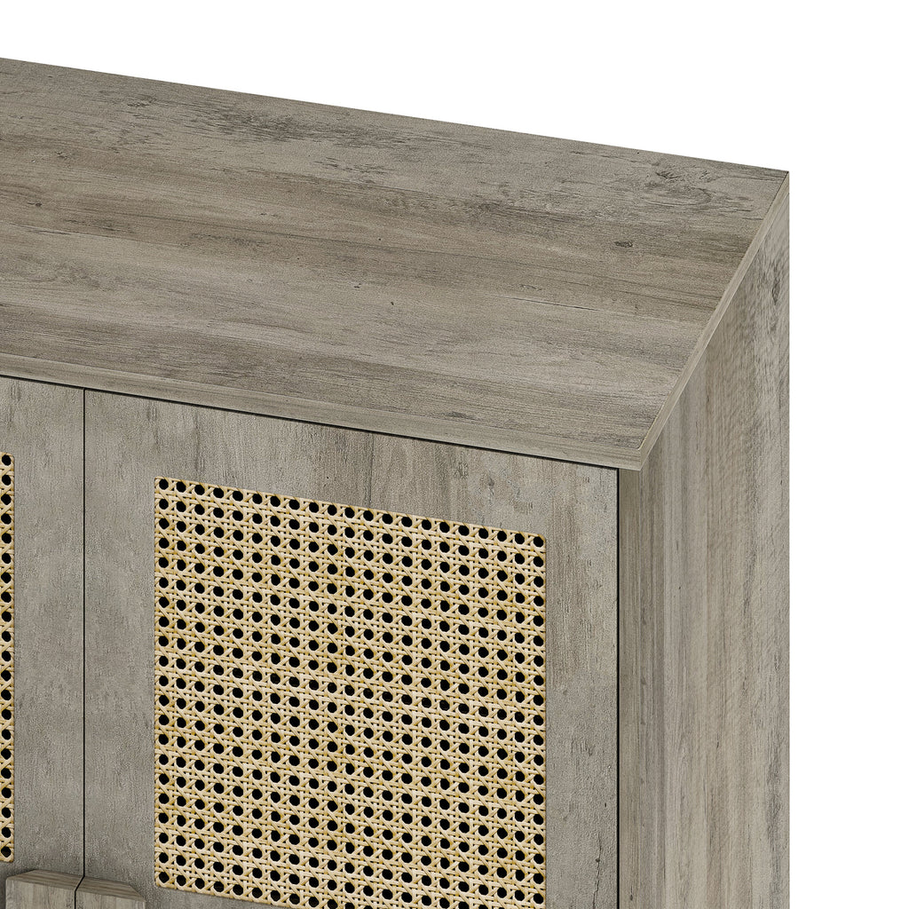 4-Doors Rattan Mesh Storage Cabinet, Sideboard with Eight Storage Spaces, for Entryway, Living Room, Hallway (Grey with Woodgrain)