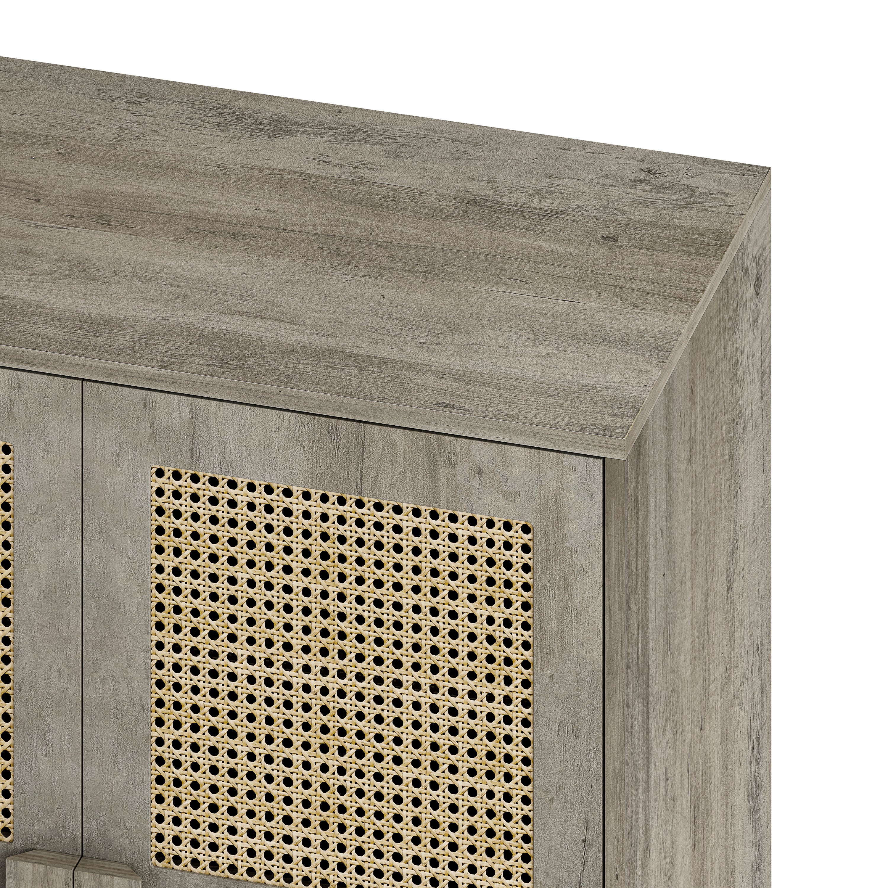 4-Doors Rattan Mesh Storage Cabinet, Sideboard with Eight Storage Spaces, for Entryway, Living Room, Hallway (Grey with Woodgrain)