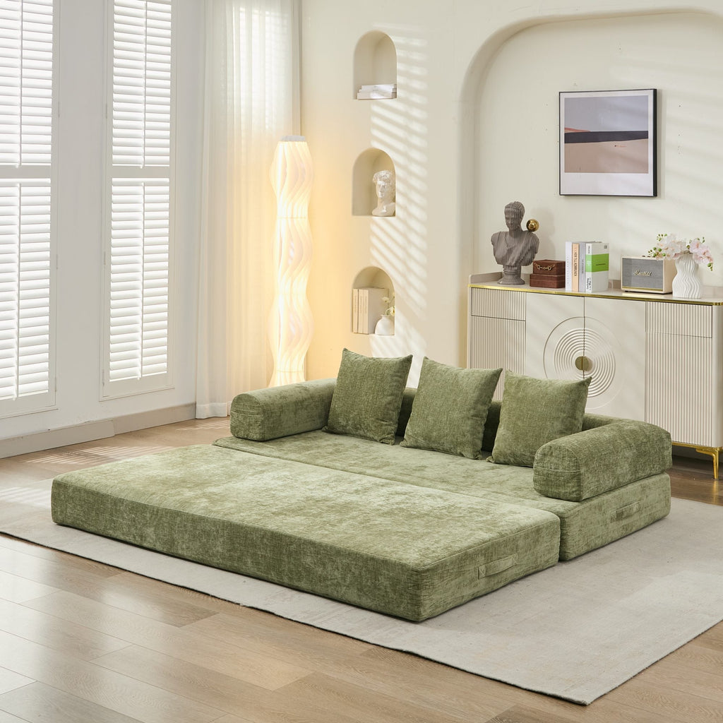 Comfy Convertible Folding Mattress Couch, Floor Sofa Bed, Chenille Floor Sofa with Armrest, Floor Sofa Lounge Couch for Living Room Bedroom Lounge Studio-Green