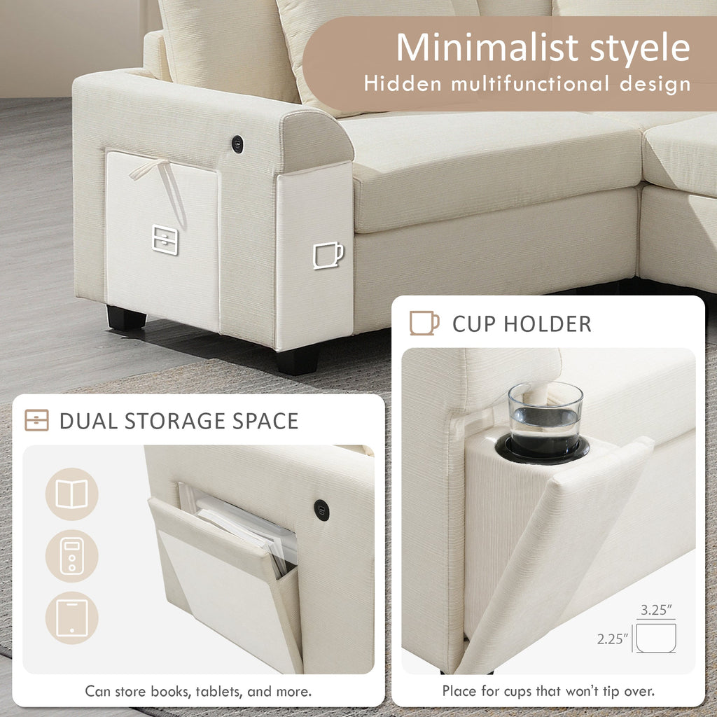 Chenille U Shaped Sectional Sofa with Ottoman, Storage, Cup Holders, and USB Ports, Off White, 128*67'