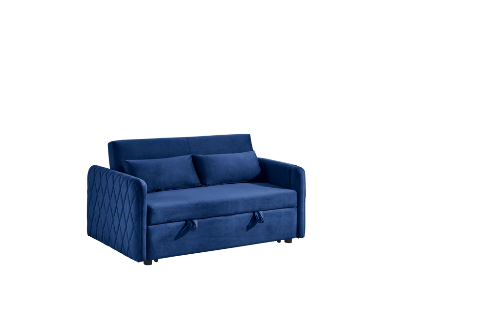 55' Modern Convertible Sofa Bed with 2 Detachable Arm Pockets, Velvet Loveseat Sofa with Pull Out Bed, 2 Pillows and Living Room Adjustable Backrest, Grid Design Armrests