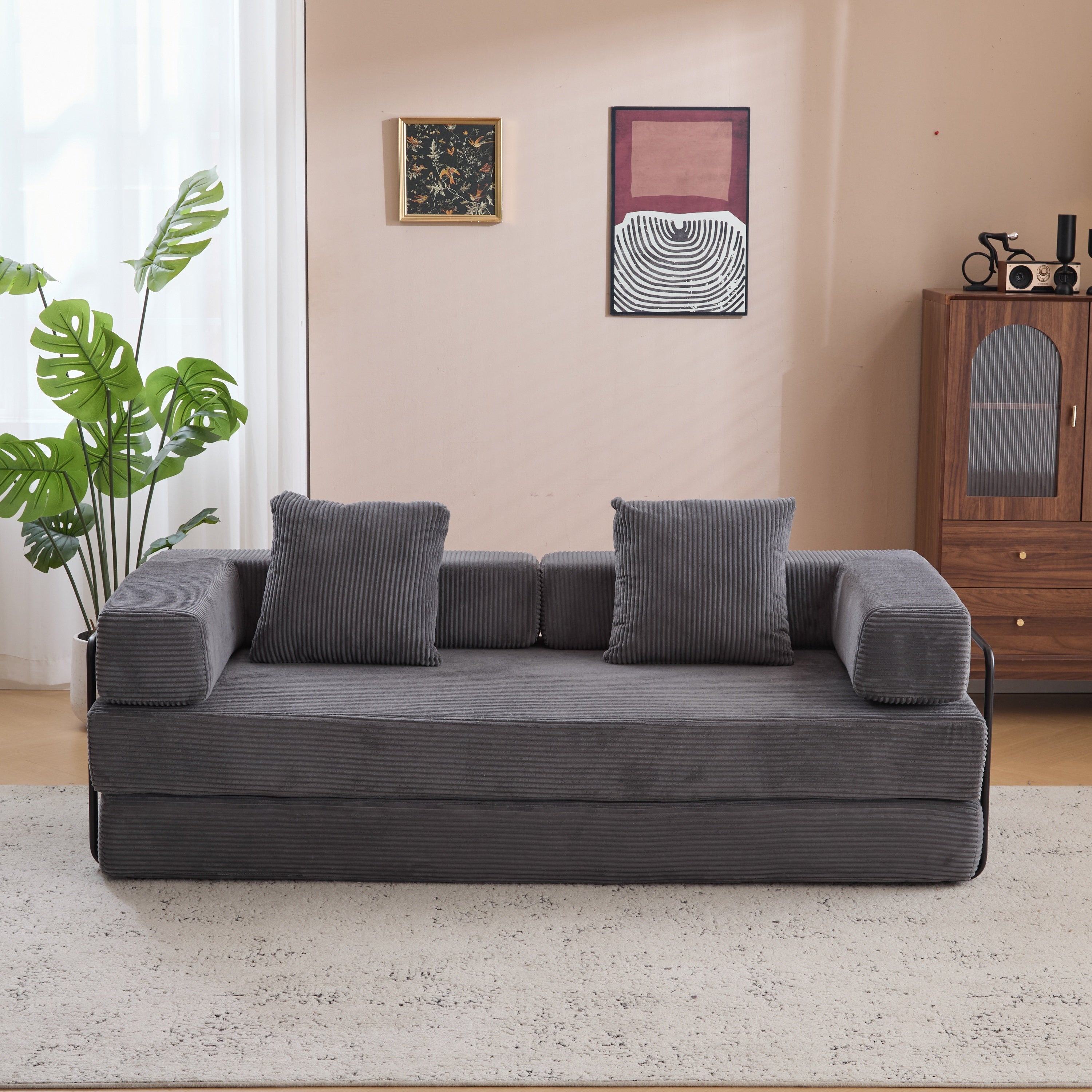 Floor Couch,Compression Sofa,Convertible Floor Sofa Bed-with Pillow Back Support Armrest,Comfy Futon Couch Lounge Sleeper Bed,Corduroy Fabric,for Living Room Bedroom (dark grey)