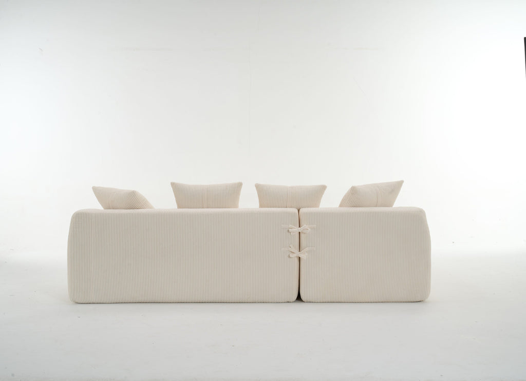 LY-023 WHITE COMPRESSION SOFA: Combining chaise longue with 3-seater, Corduroy Fabric, full sponge compression sofa,combined sofa with 4 pillows for living/ Home Furniture/ Apartment