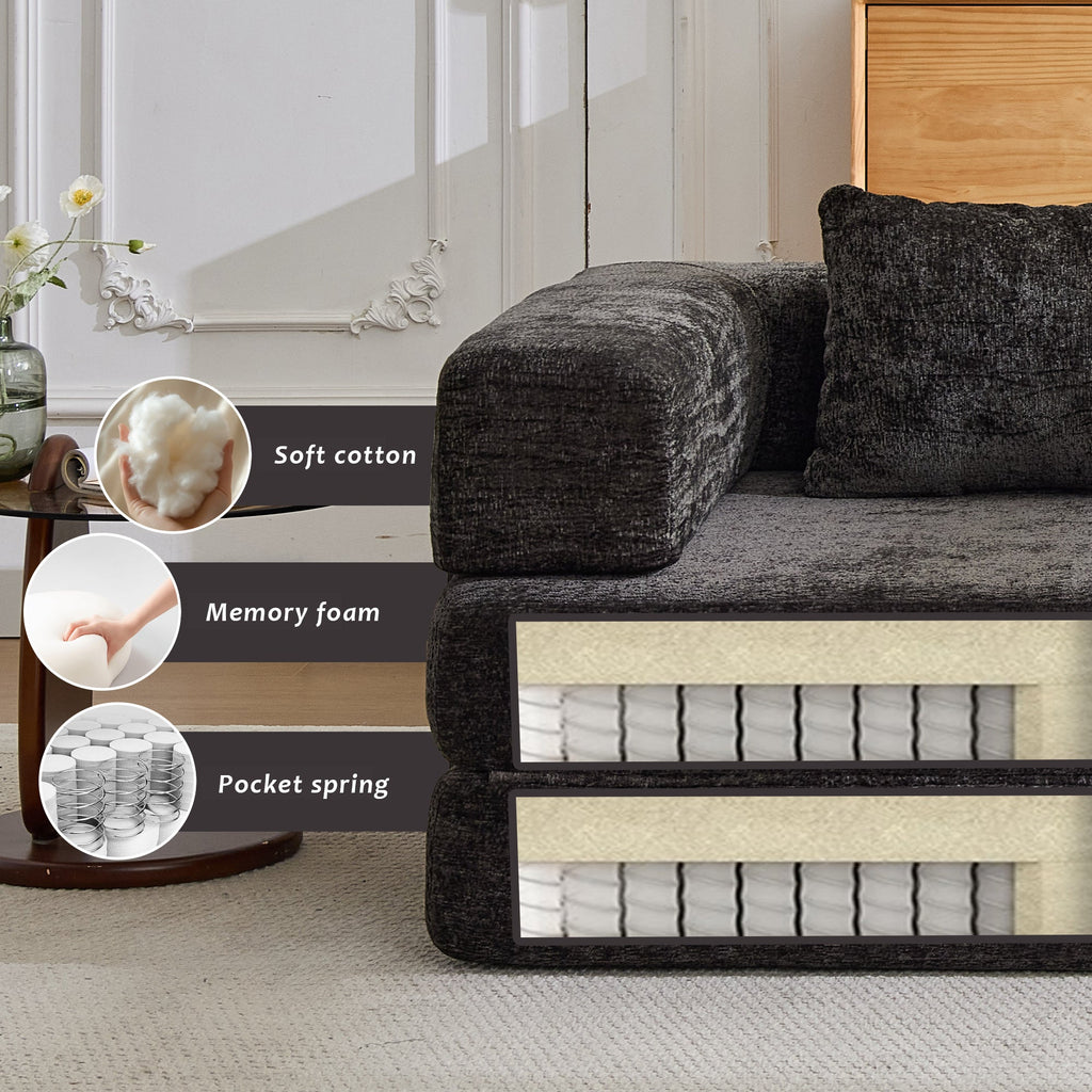 Compression Sofa,Convertible Floor Sofa Bed with Fixed-Shape Frame, Loveseats Boneless Modular Sectional Sofa,No Assembly Required,Chenille fabric,for Living Room Bedroom,Black
