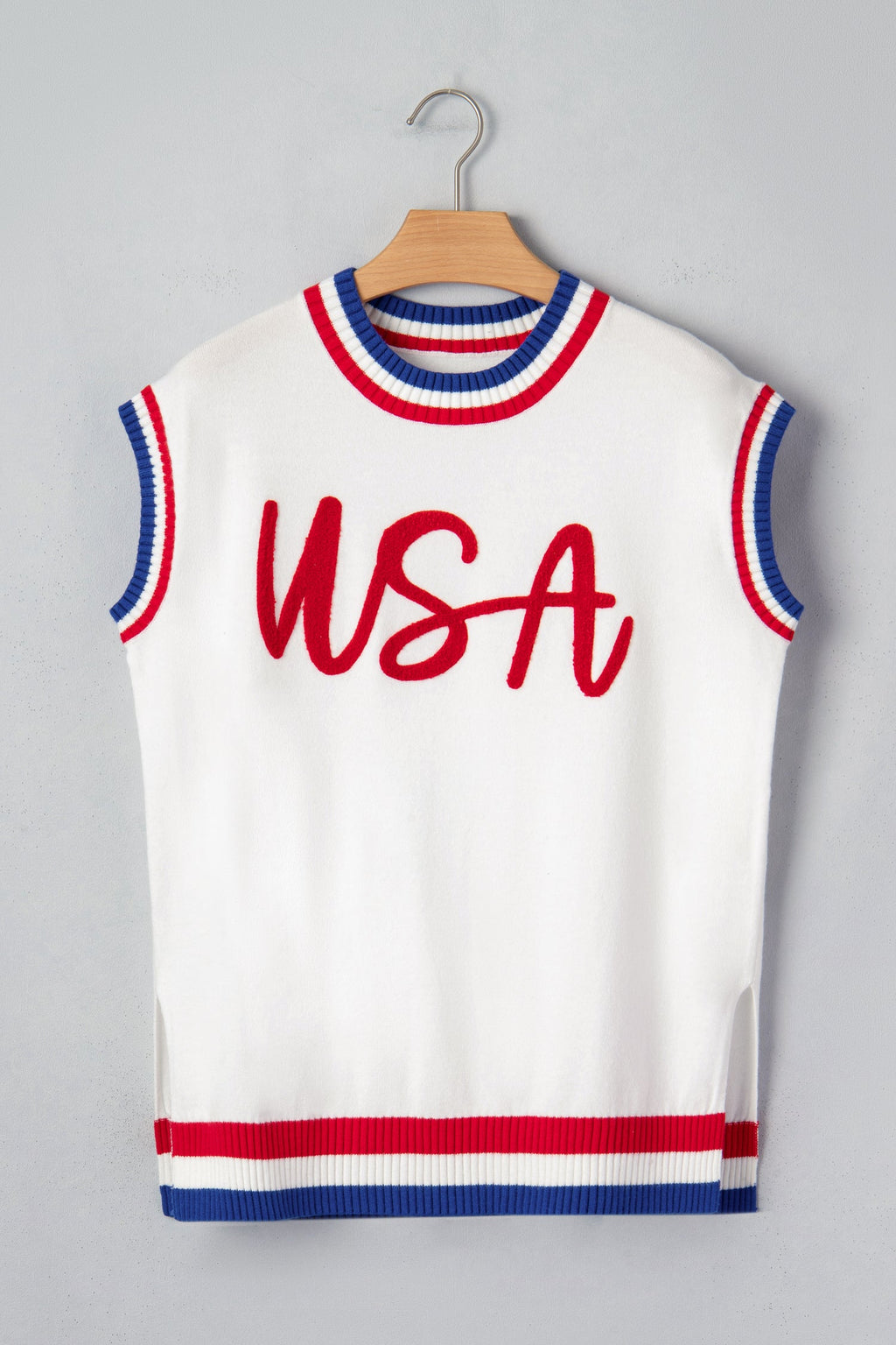 USA Stripe Contrast Trim Short Sleeve Sweater