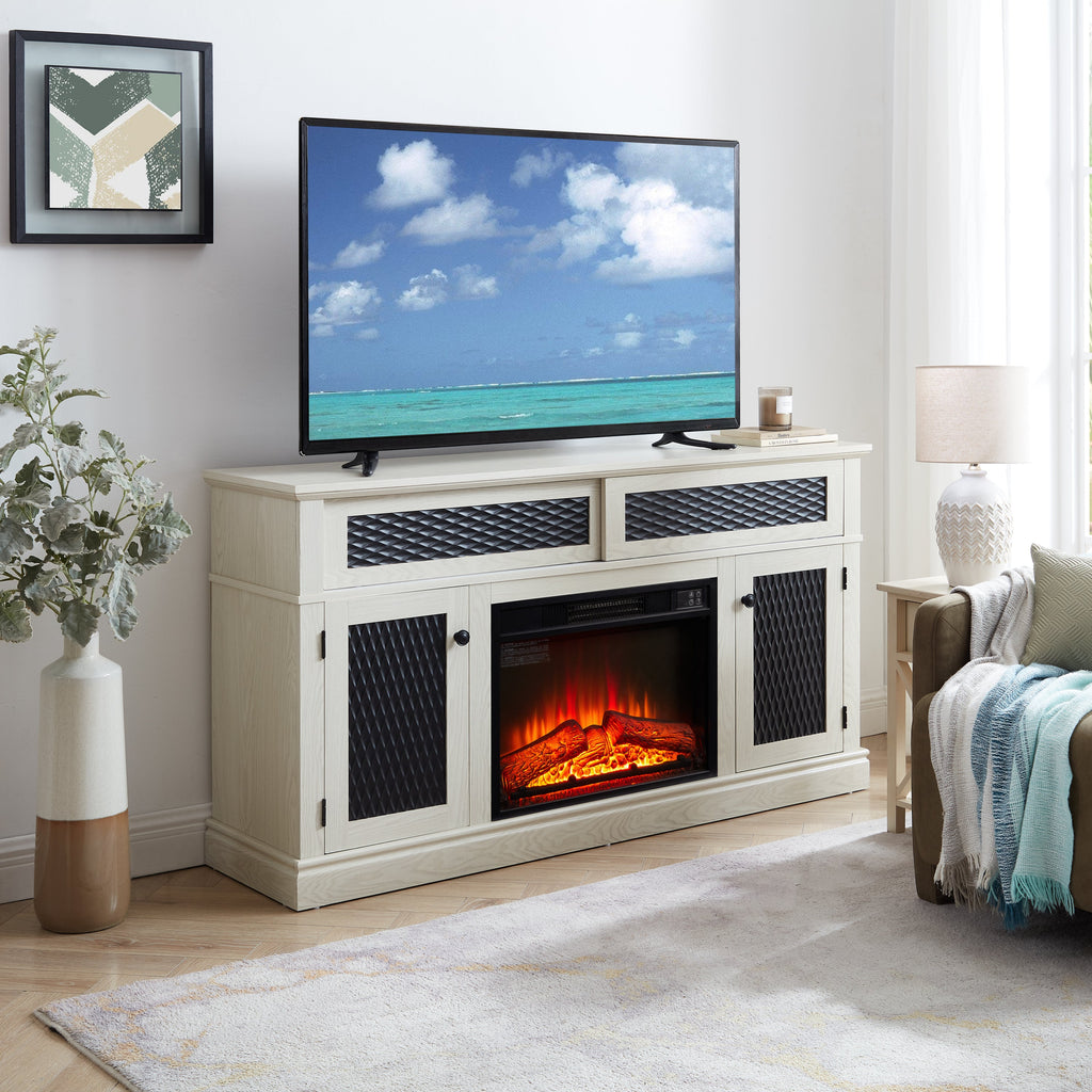 Embossed Pattern TV Stand with 23' fireplace insert,, TV and Media Console with Open and Closed Storage Space and sliding door for Living Room & Bedroom,White, 58.27'W*15.35'W*31.7H