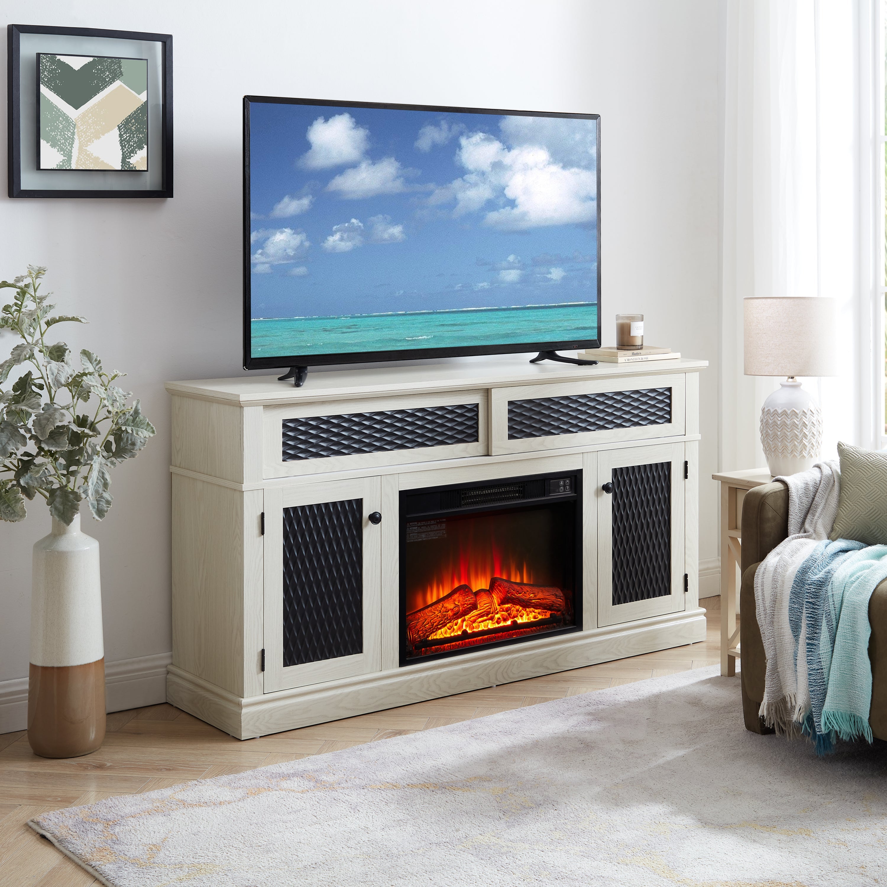 Embossed Pattern TV Stand with 23' fireplace insert,, TV and Media Console with Open and Closed Storage Space and sliding door for Living Room & Bedroom,White, 58.27'W*15.35'W*31.7H