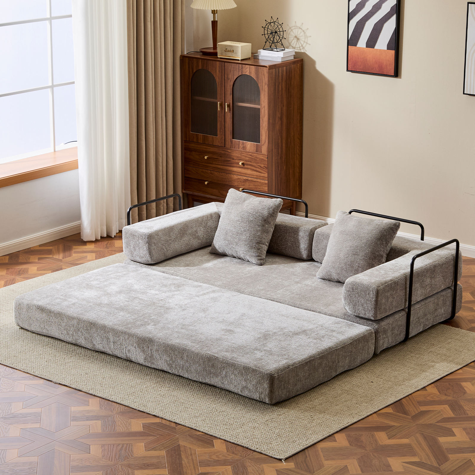 Floor Couch,Compression Sofa,Convertible Floor Sofa Bed-with Pillow Back Support Armrest,Comfy Futon Couch Lounge Sleeper Bed,Chenille fabric,for Living Room Bedroom (LIGHT-GREY)