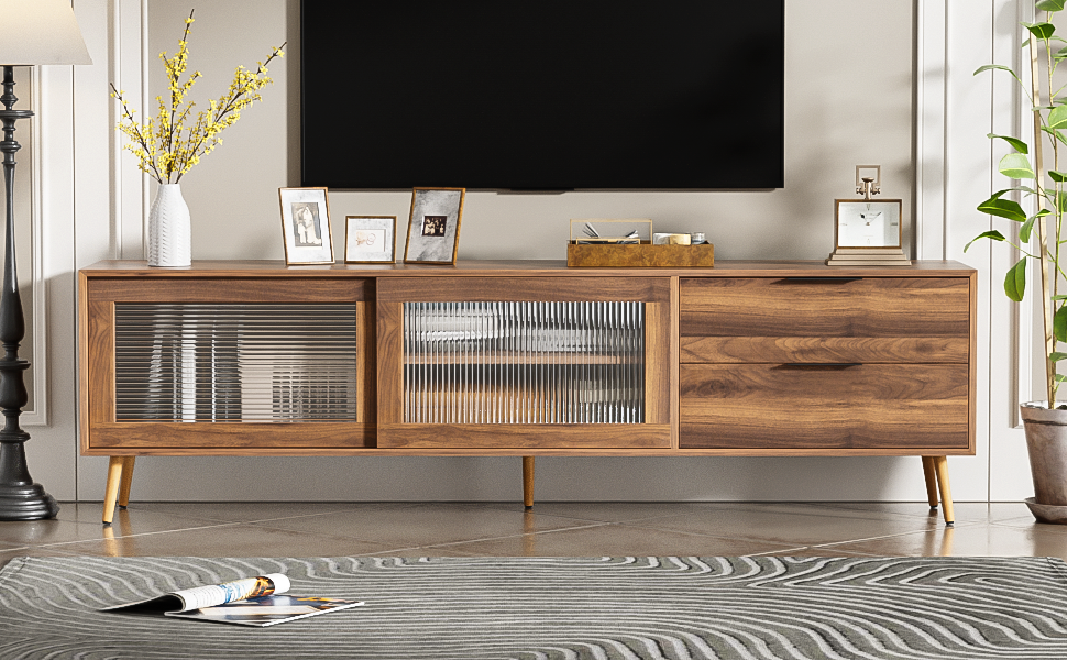 Modern TV Stand for 75'+ TV, TV Console with 2 Glass Doors, Entertainment Center with 2 Drawers & Storage Cabinet, 70' Media Console Table for Living Room, Bedroom