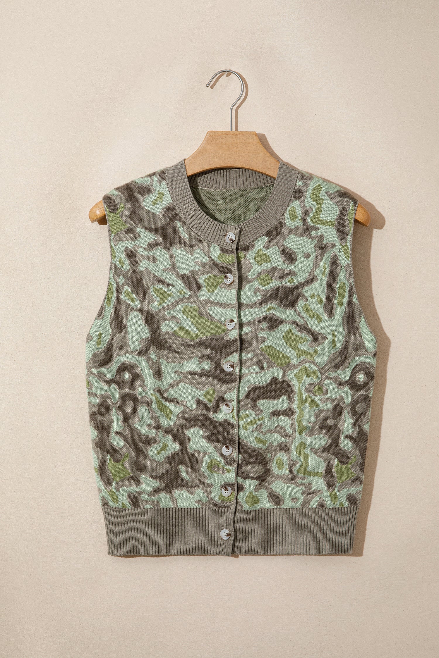 Camo Sleeveless Button Front Sweater Vest