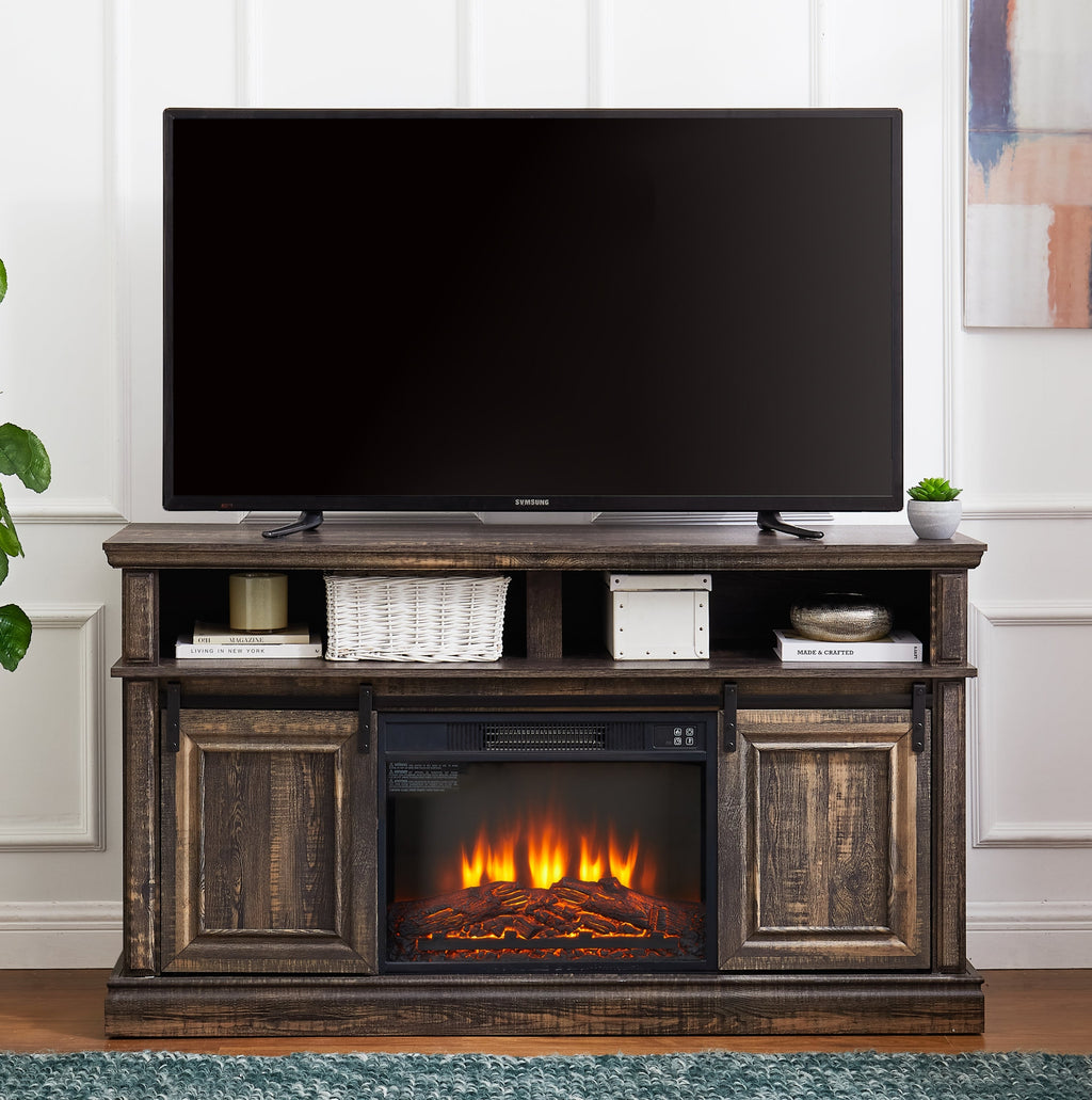 Modern Entertainment Console TV Stand with 23' Fireplace Insert, Multipurpose Sliding Door TV Cabinet Large Storage Space, 58.11'W*15.79'D*32.36'H Antique brown