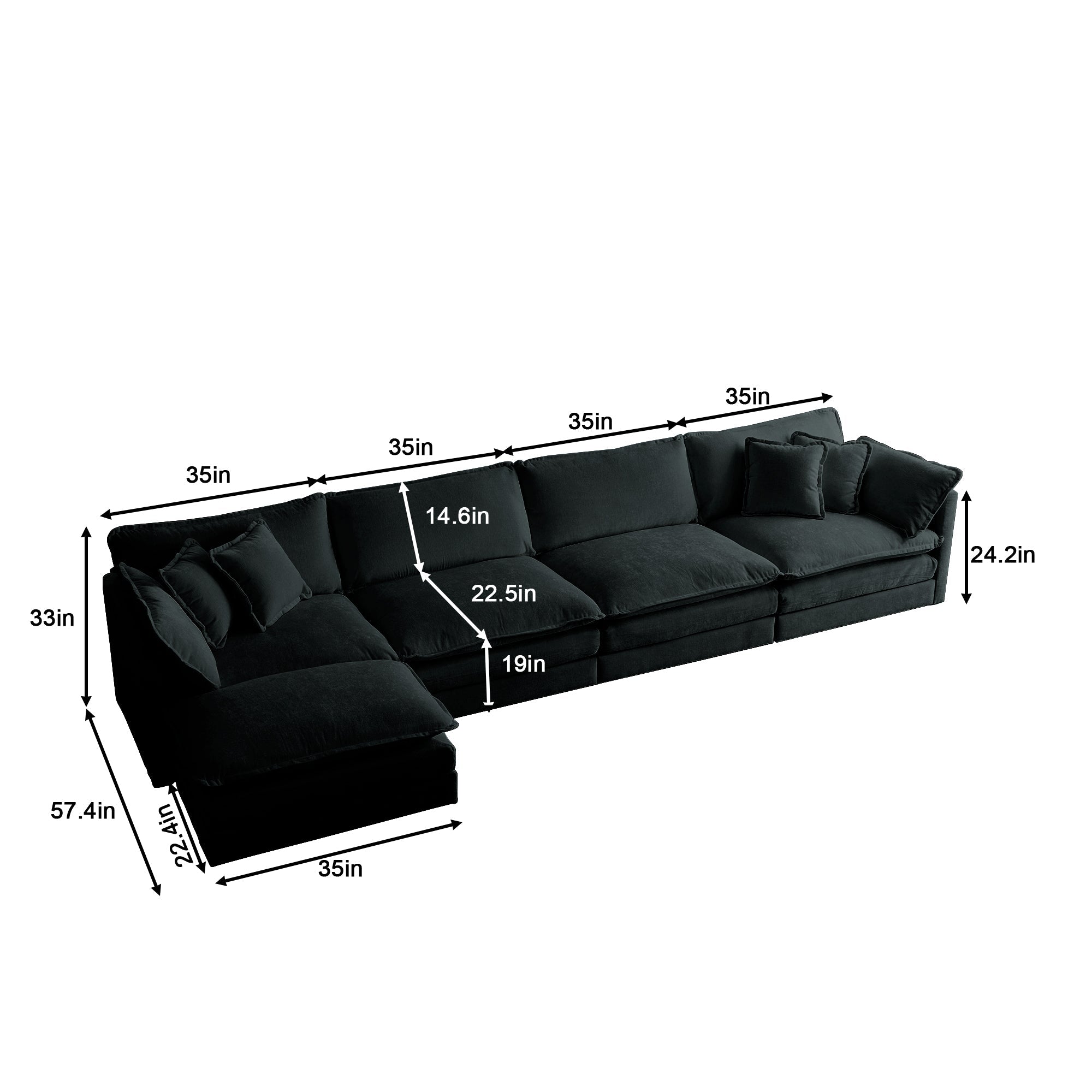 Modular Sectional Sofa for Living Room,U Shaped Couch 5 Seater Convertible Sectional Couch with 1 Ottoman ,Black Chenille