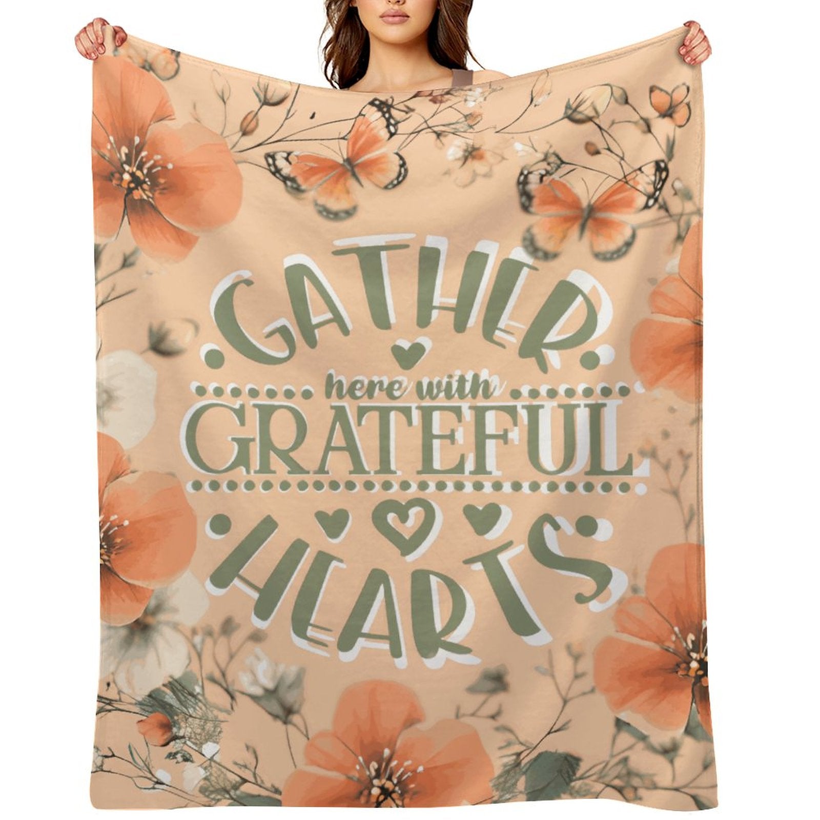 Gather Here with Grateful Hearts Orange Flannel Throw Blanket - 40"×50"