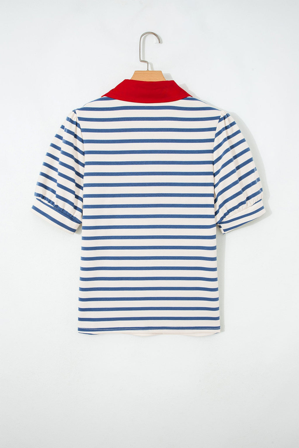 Stripe Colorblock Puff Sleeve Polo Collar Blouse