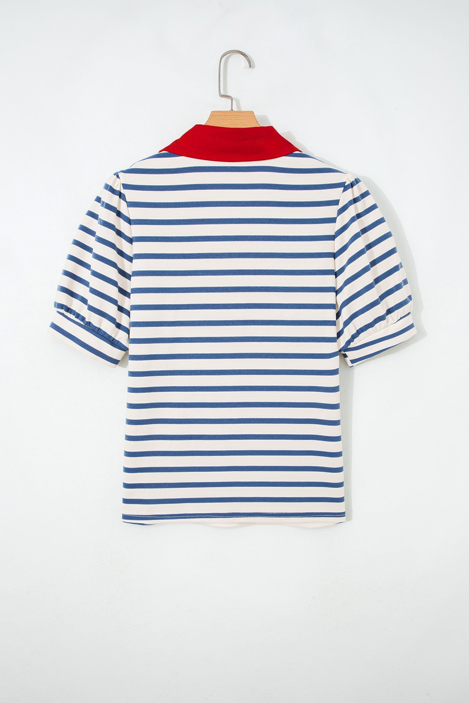 Stripe Colorblock Puff Sleeve Polo Collar Blouse