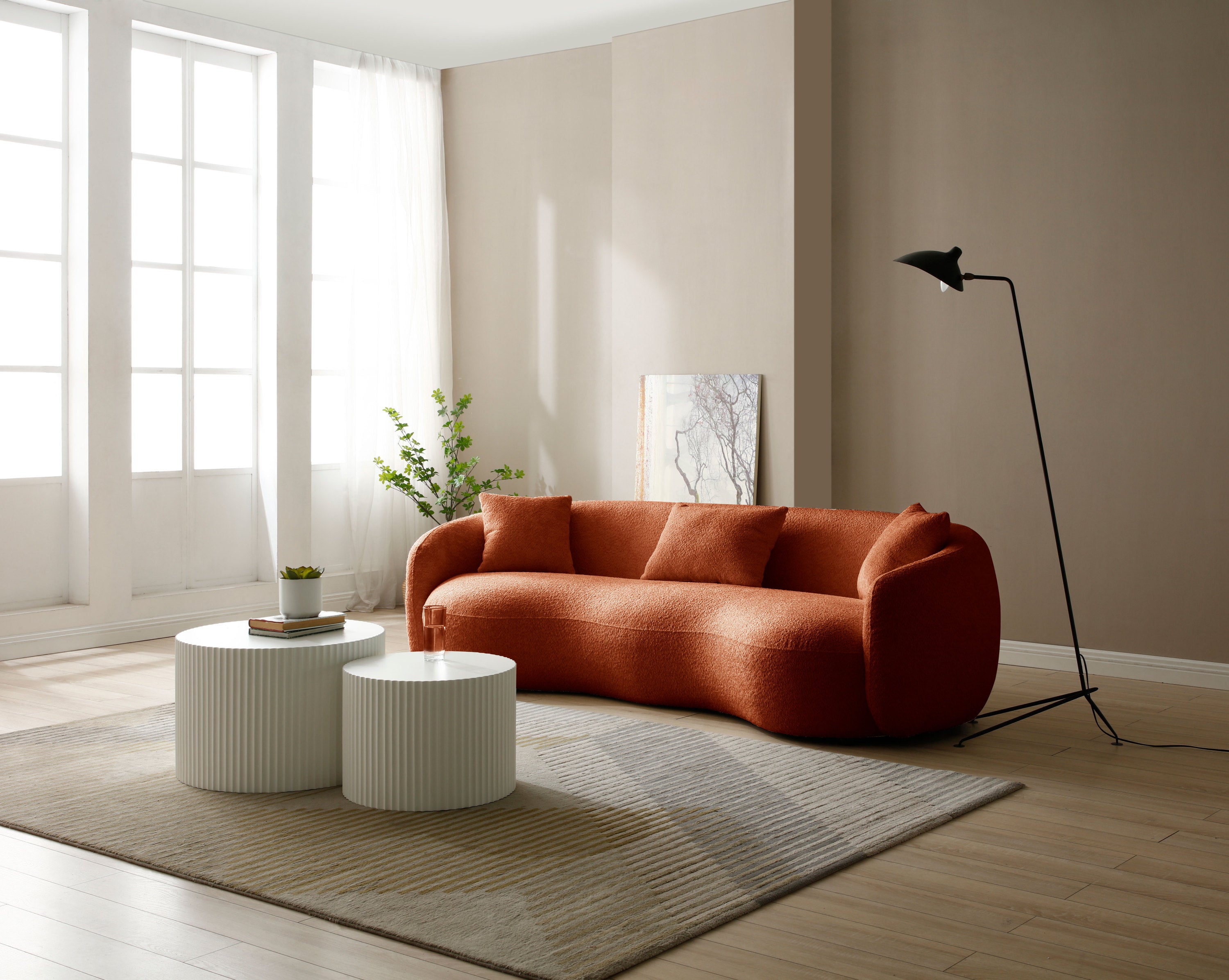 Mid Century Modern Curved Sofa,  Boucle Fabric Couch for Bedroom, Office, Apartment, Orange