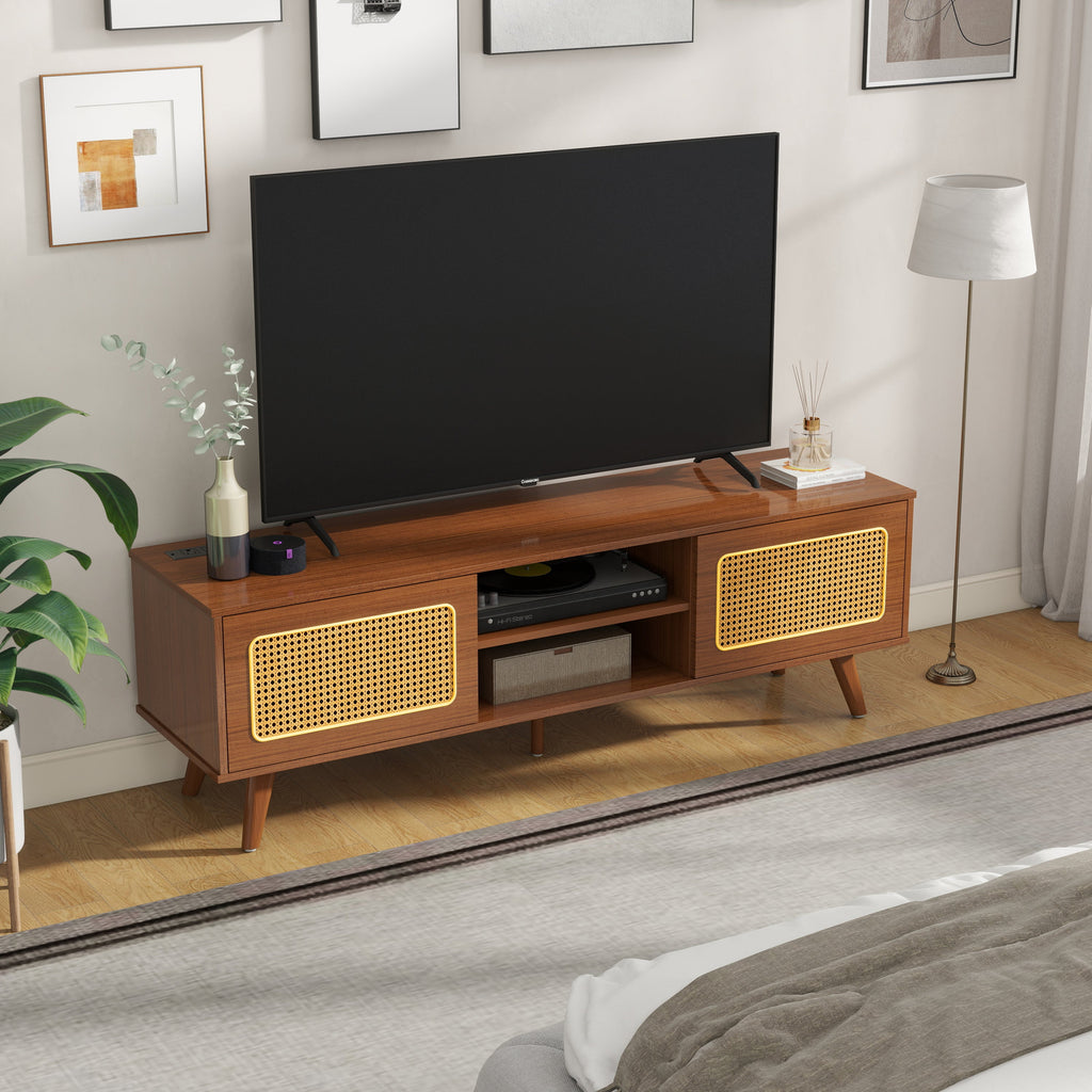Mid Century Modern Rattan TV Stand for 55/60/65 inch TV , Entertainment Cabinet, Media Console for Living Room Bedroom Media Room, Solid Wood Feet & Rattan Cabinet Doors  (Walnut, 59')