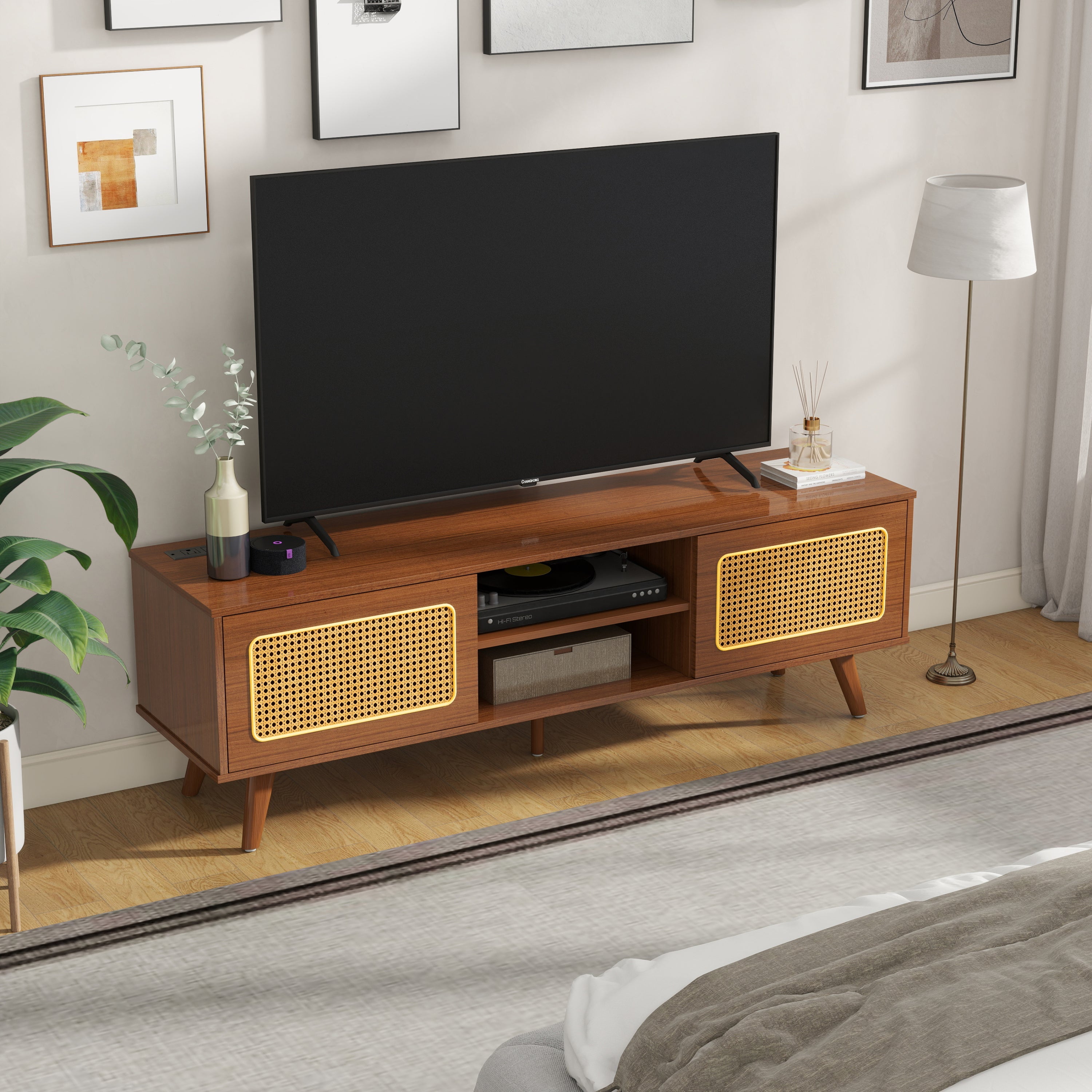 Mid Century Modern Rattan TV Stand for 55/60/65 inch TV , Entertainment Cabinet, Media Console for Living Room Bedroom Media Room, Solid Wood Feet & Rattan Cabinet Doors  (Walnut, 59')