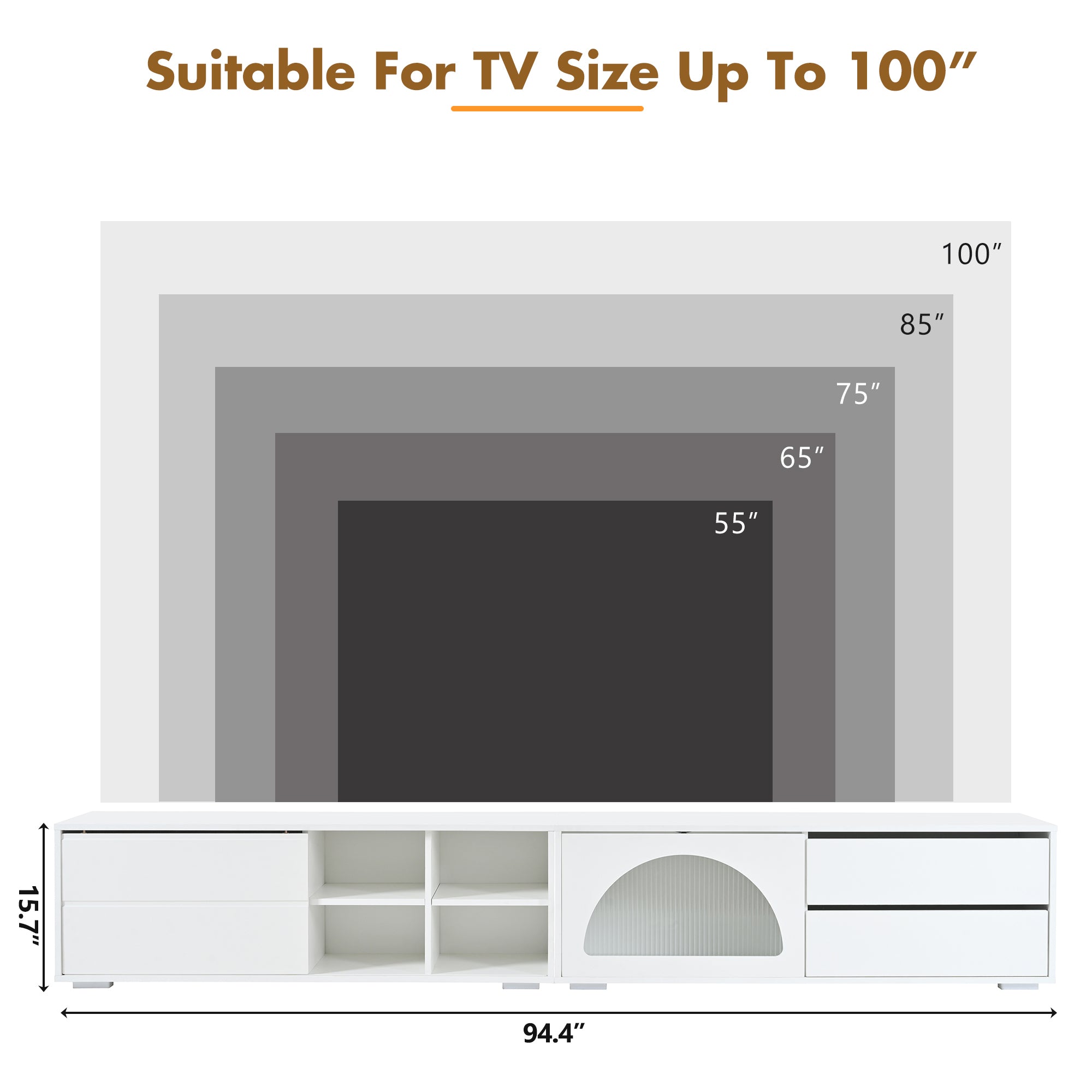 ON-TREND Modern TV Stand with Fluted Glass Door for TVs Up to 100', Media Console with Sliding Door & 2 Drawers, Free-Combination Entertainment Center with LED Light for Living Room, Bedroom, White