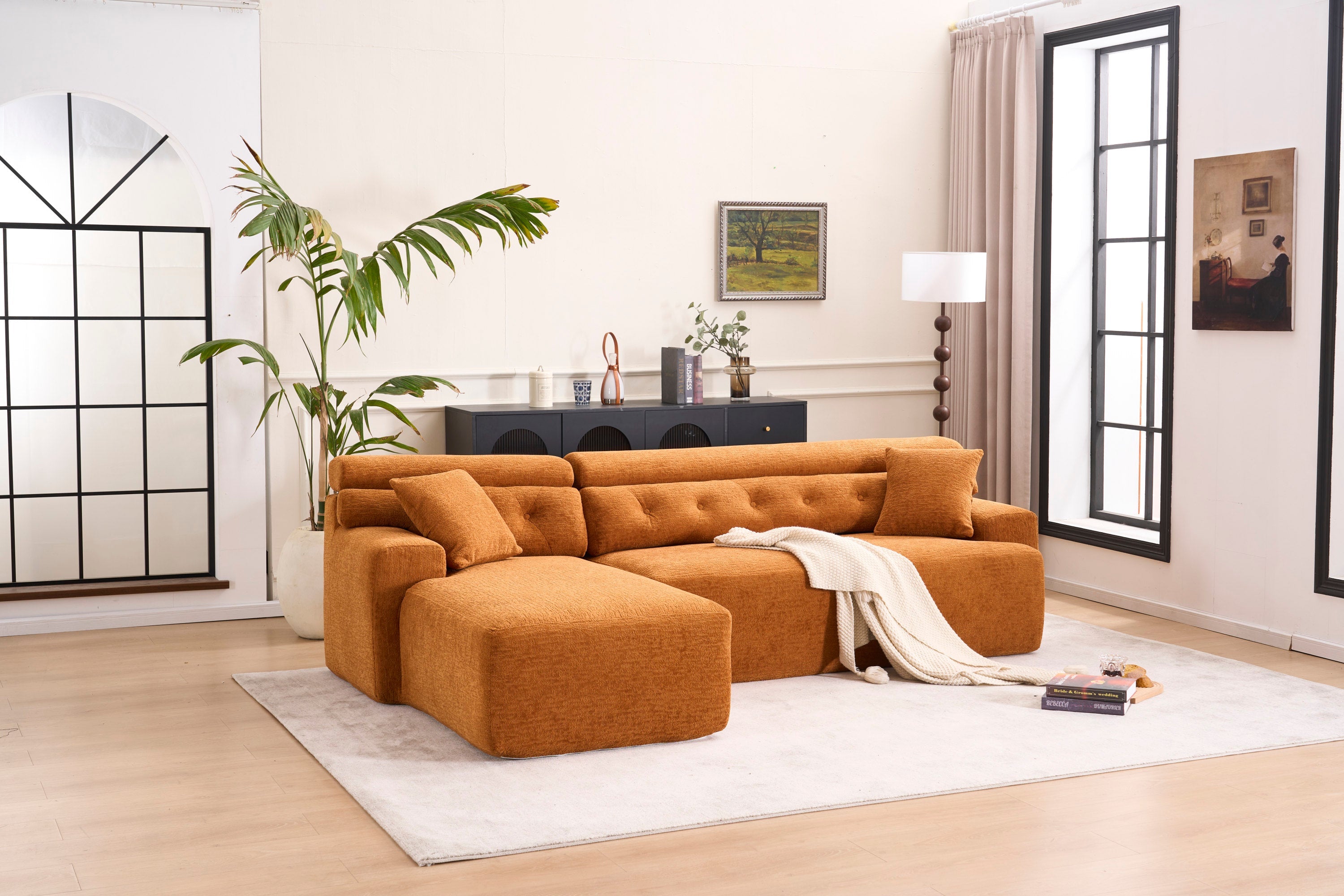 LY-029B Convertible Chaise Sectional Sofa, Full Compression Sponge Modular Couch for Apartment Living Room,Orange 3-Seater with Wood Grain Chenille, 2 Pillows Included, 86'L