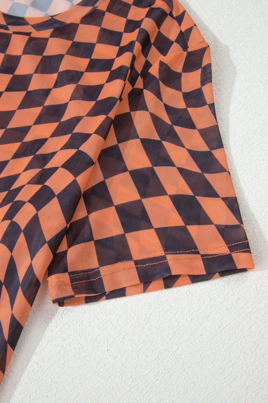 Checker Mesh Mock Neck Short Sleeve T-Shirt