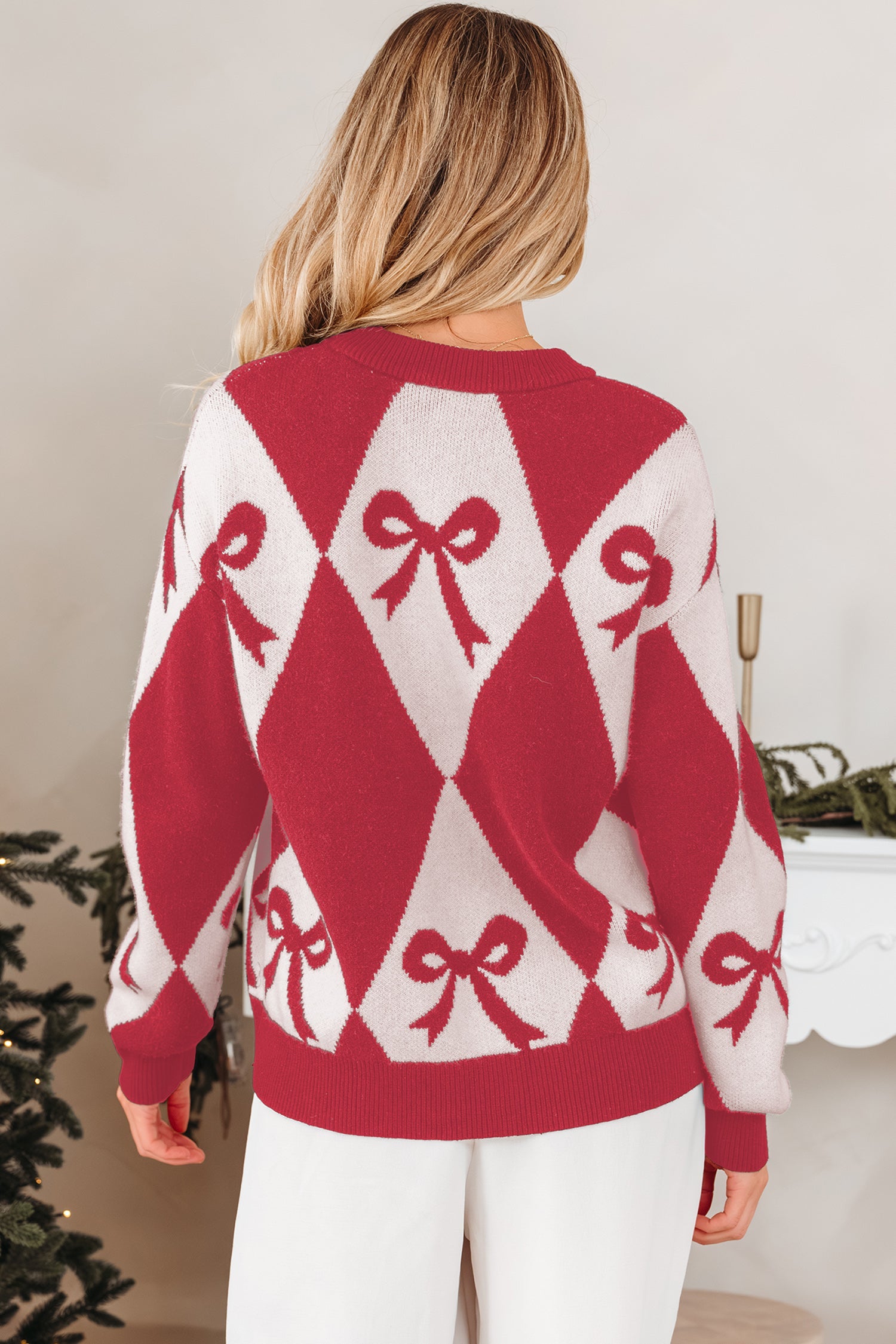 Bow Colorblock Rhombus Drop Shoulder Sweater