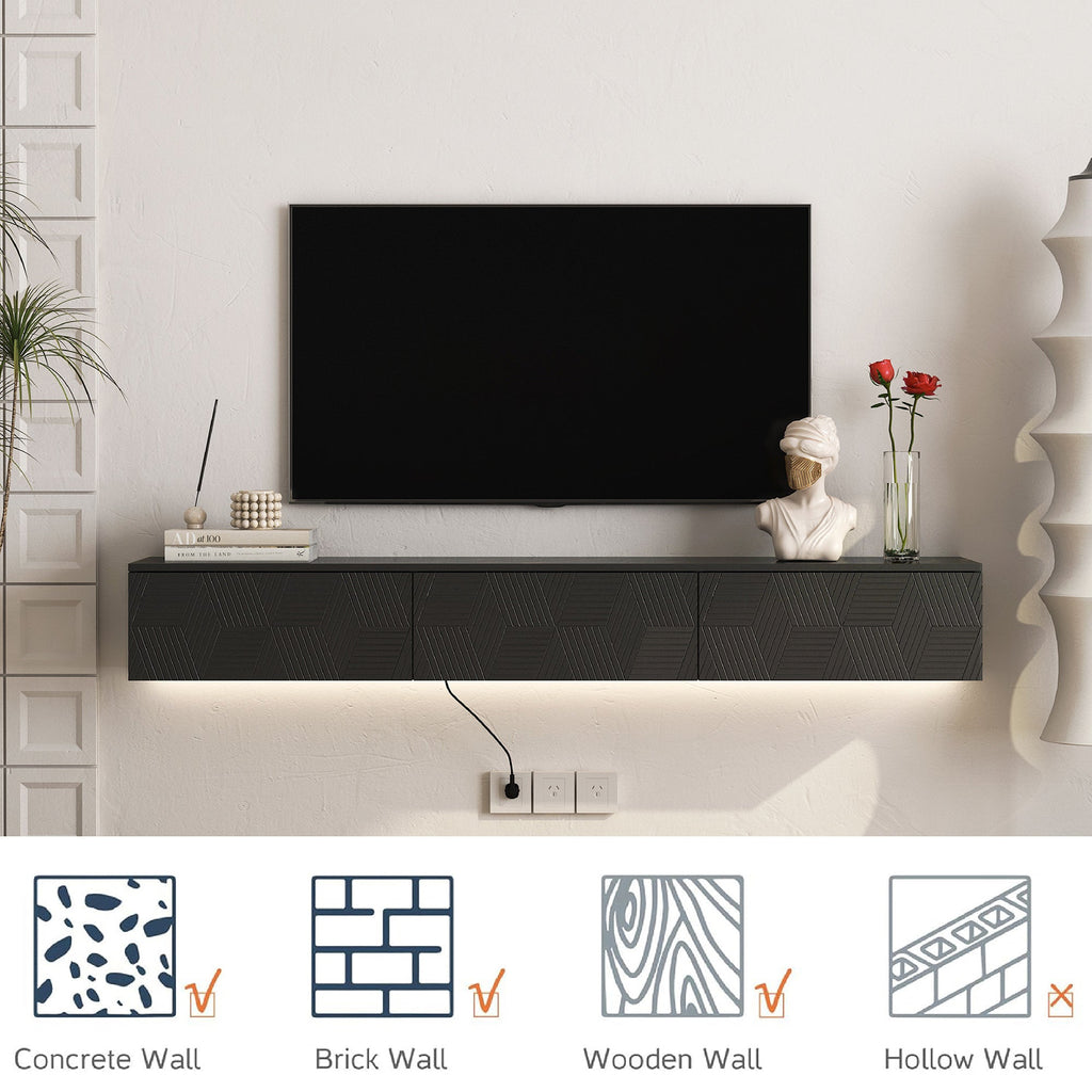 Floating TV Stand Wall Mounted with 16 Color LEDs,67' Modern TV Stand, Floating TV Cabinet Entertainment Center for 55 60 65 Inch TV,Black
