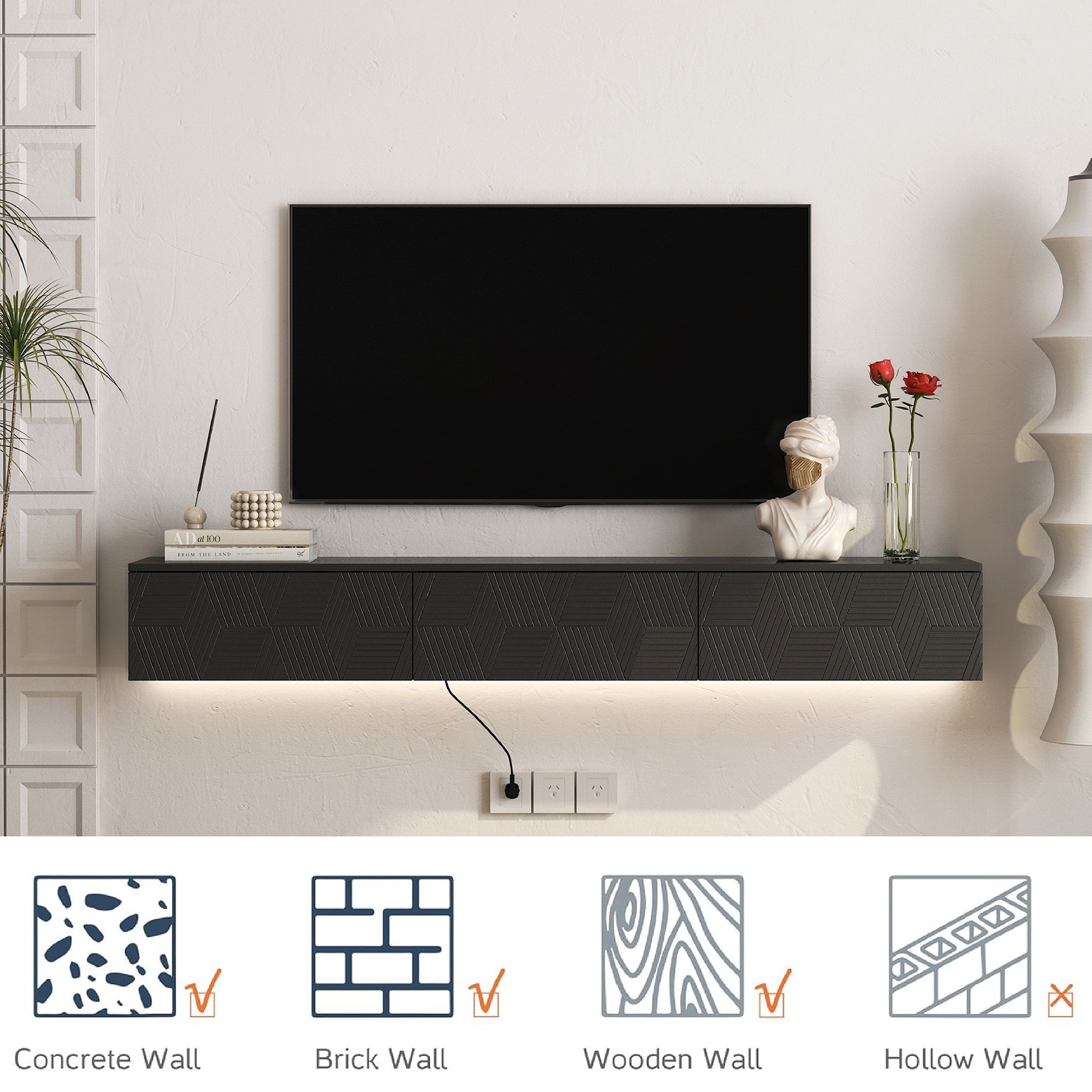 Floating TV Stand Wall Mounted with 16 Color LEDs,67' Modern TV Stand, Floating TV Cabinet Entertainment Center for 55 60 65 Inch TV,Black