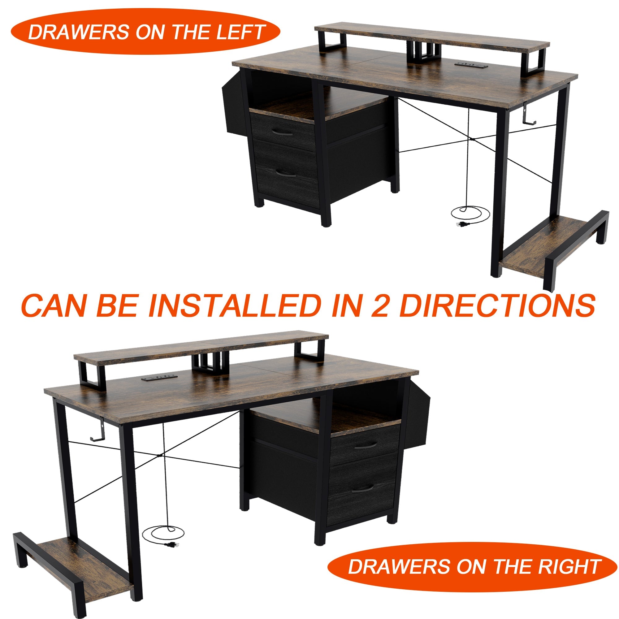 Computer Desk with Drawer and Power Outlets, 47' Office Desk with 2 Monitor Stands and Fabric File Cabinet, Writing Gaming Table with Shelves and Hooks for Home Office, Rustic Brown