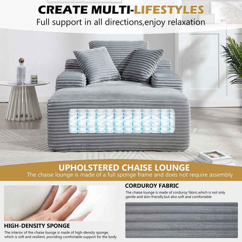 67' Chaise Lounge Chair 9.9'' Wide Armrest Indoor Corduroy Oversized Sleeper Sofa for Living Room Deep Seat Lounge and Three Soft Pillows Convertible Boneless Sofa Bed, Grey, No Assembly Required