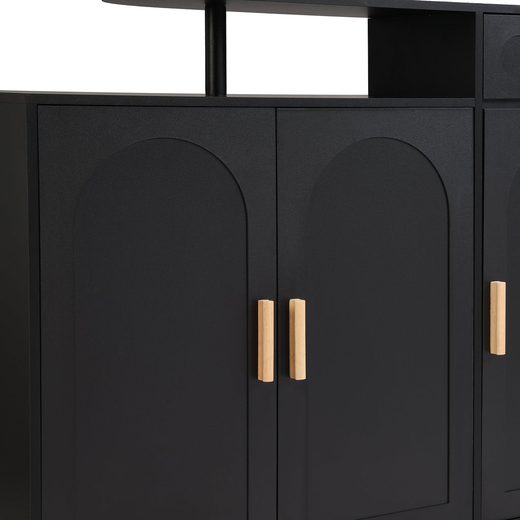 ON-TREND Elegant Shoe Cabinet with Arched Doors and Drawer, Cream Style Storage Sideboard with Adjustable Shelves and Solid Wood Legs for Entryway, Living Room, Black